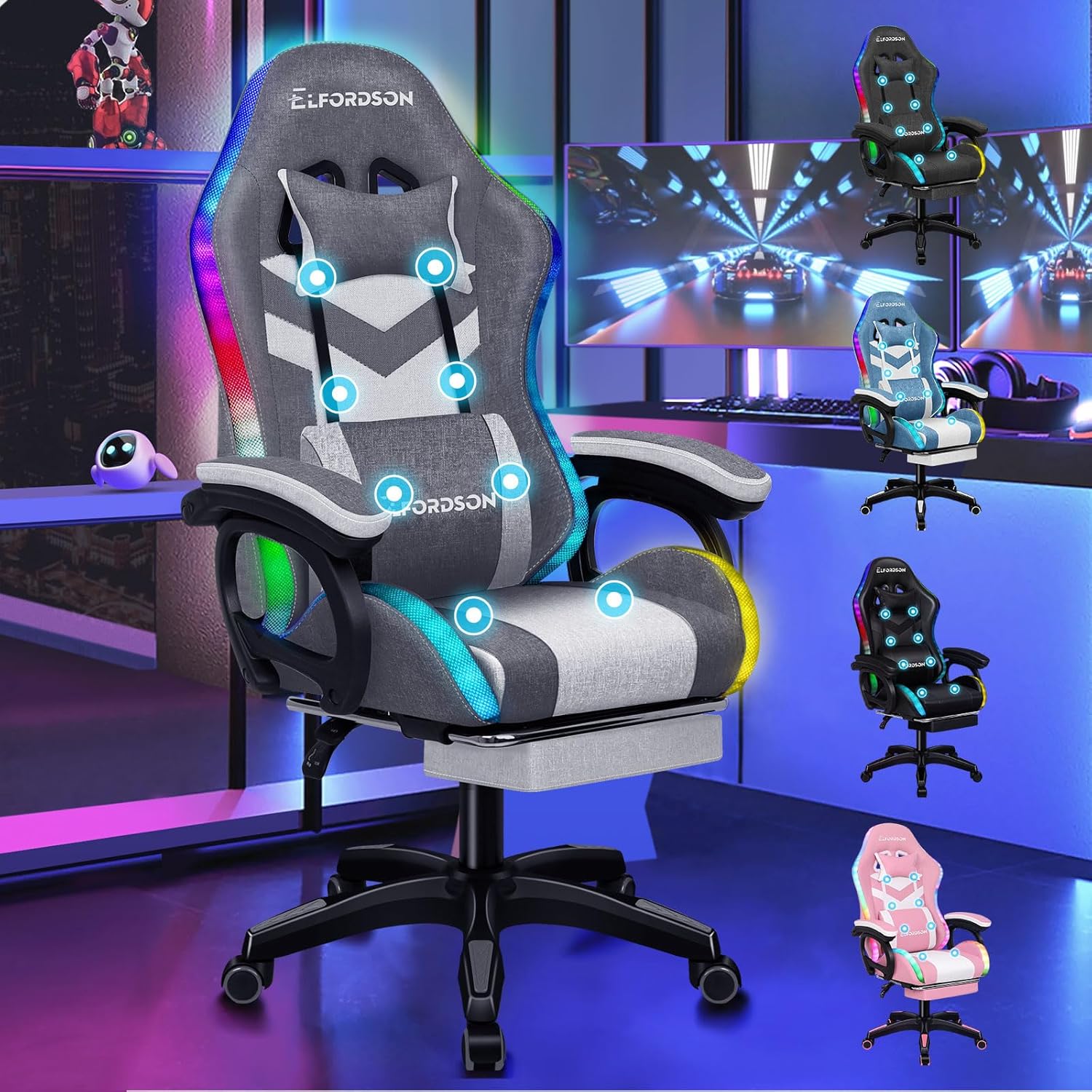 ELFORDSON 8-Point Massage Gaming Chair with RGB LED, Massaging Office Chair with...