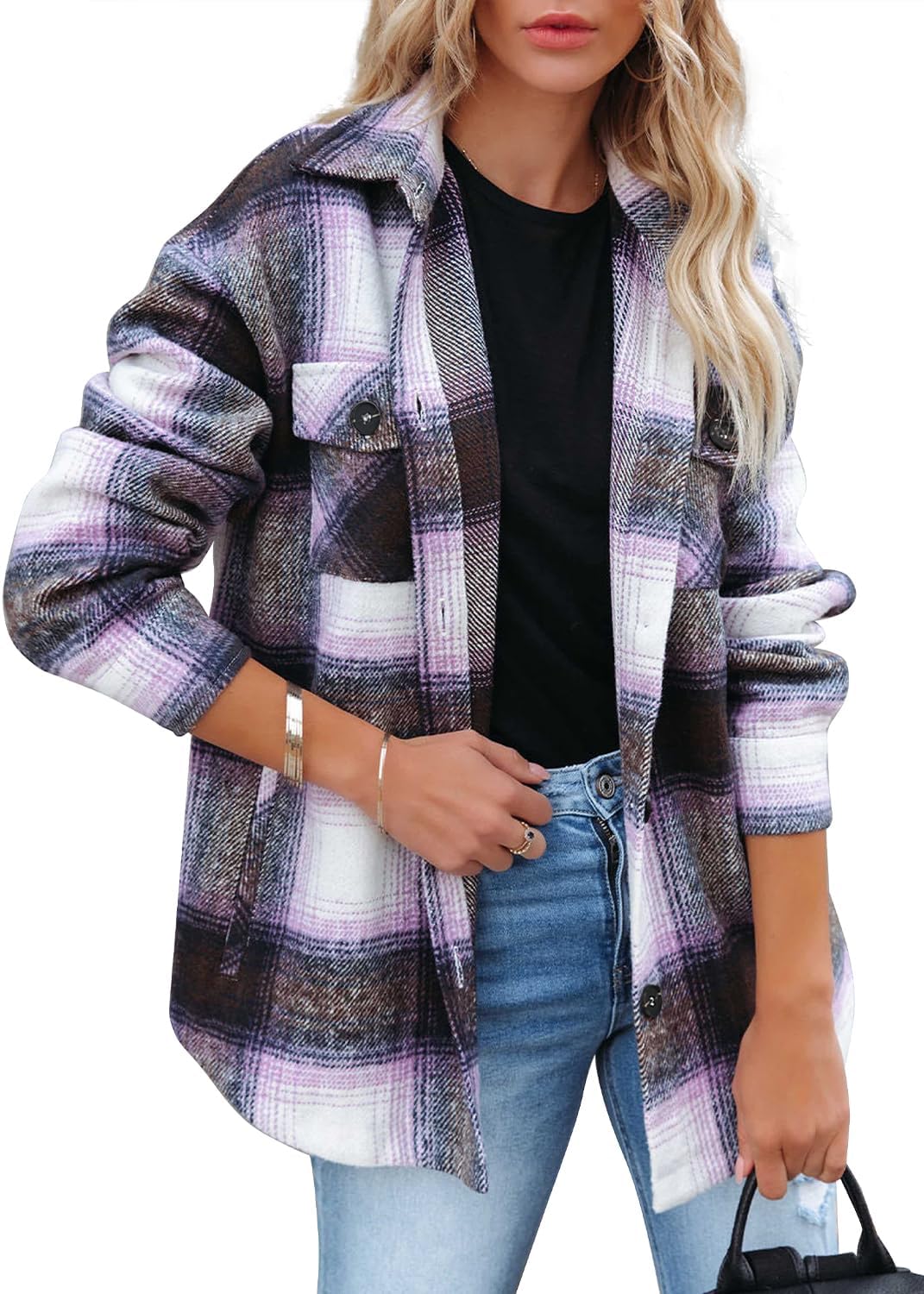 Beaully Women's Flannel Plaid Shacket Long Sleeve Button Down Shirts Jacket Coat...