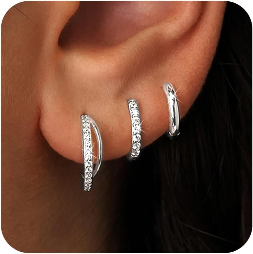 Gold Huggie Hoop Earrings Set for Women, Dainty Small Sterling Silver Earrings f...