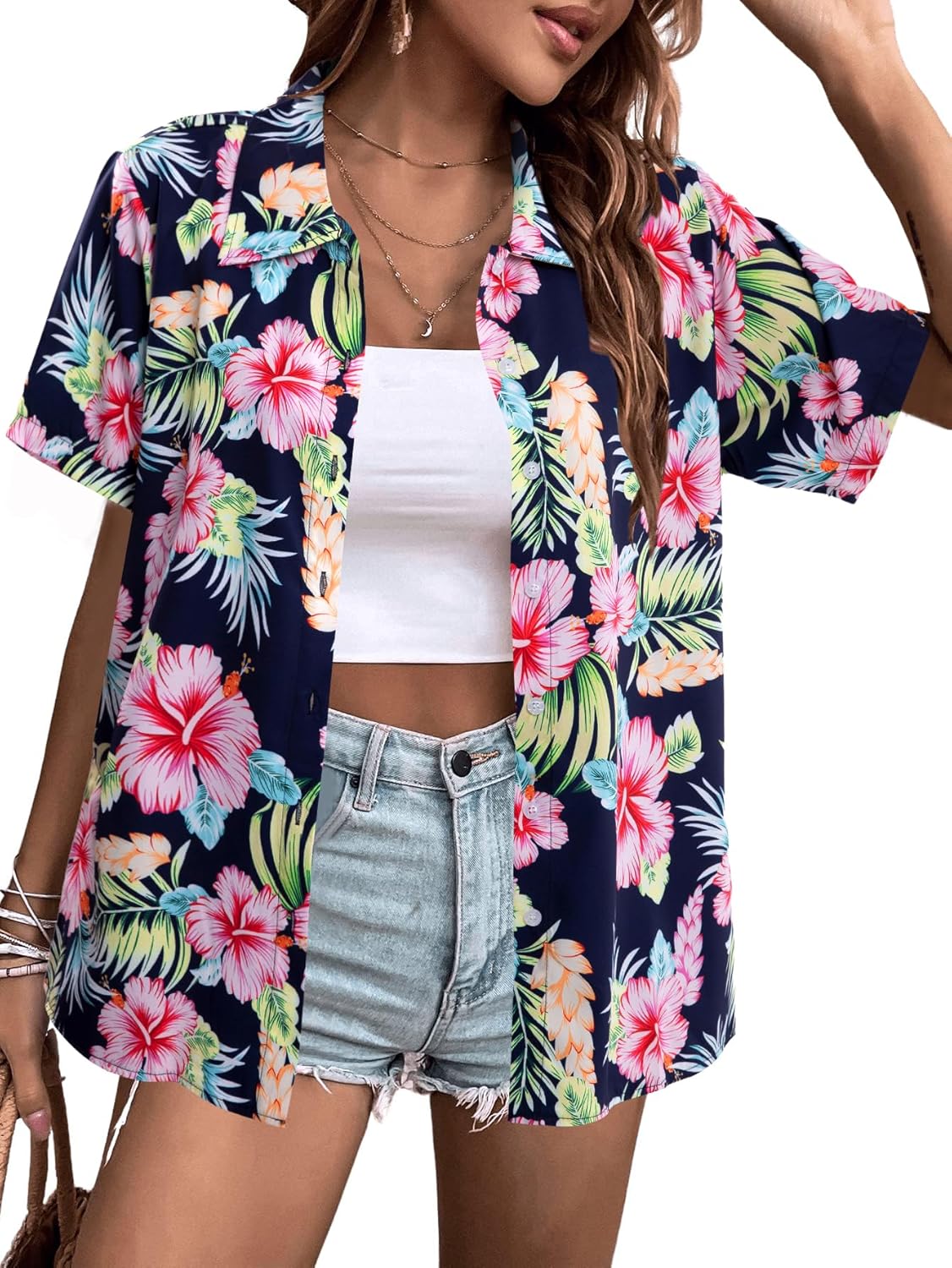 MYHALF Women Hawaiian Shirt Soft Cool Summer Hawaii Shirts Floral Tropic Print V...