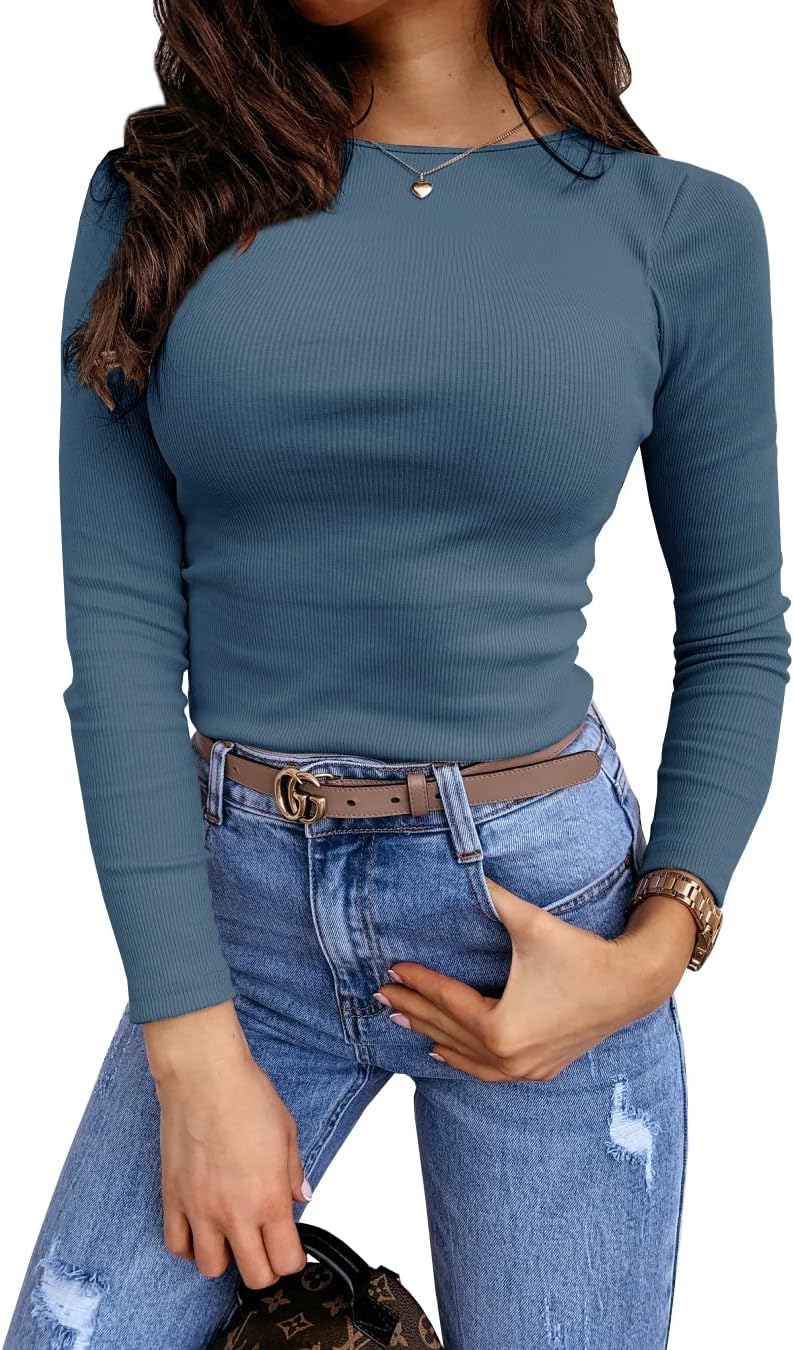 Lynwitkui Womens Long Sleeve Fitted Shirts Ribbed Knit Slim Tight Fit Basic Tees...