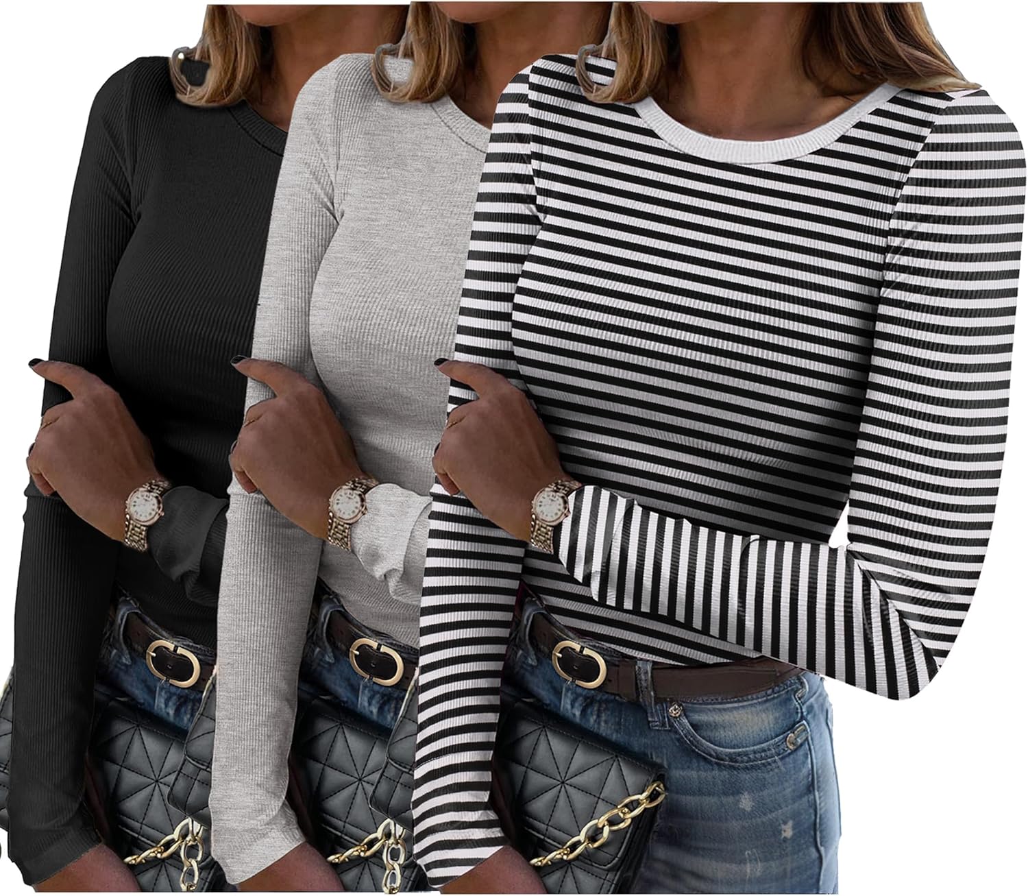 Zeagoo Womens Long Sleeve Stretch Crewneck Ribbed T-Shirt Slim Fit Casual Basic...
