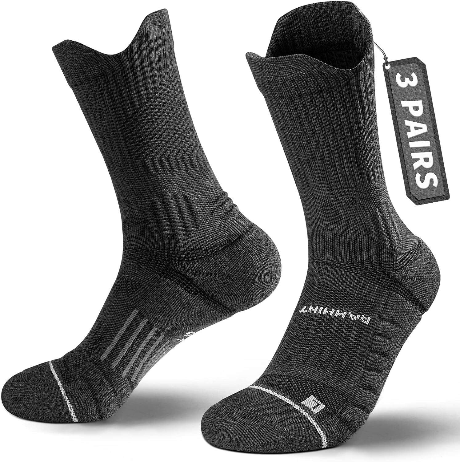 Compression Running Socks 3 Pairs, Cushion Crew Socks, Anti-Blister Moisture Wic...