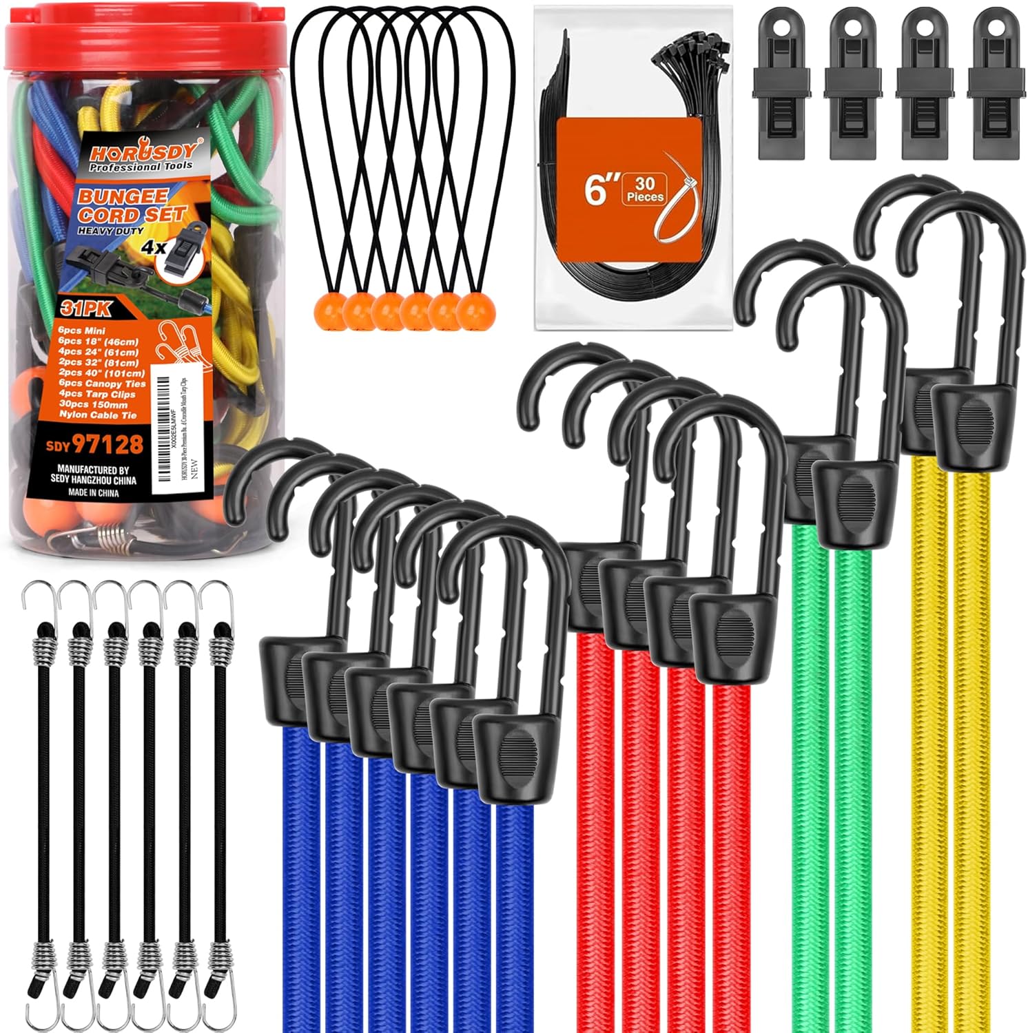 HORUSDY 31-Piece Premium Bungee Cords Assortment Jar, Includes 10”,18”,24”,32”,4...