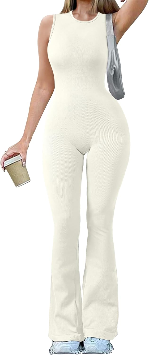 OQQ Women Yoga Jumpsuits Ribbed Crew Neck Sleeveless Bell Bottoms Flare Jumpsuit...