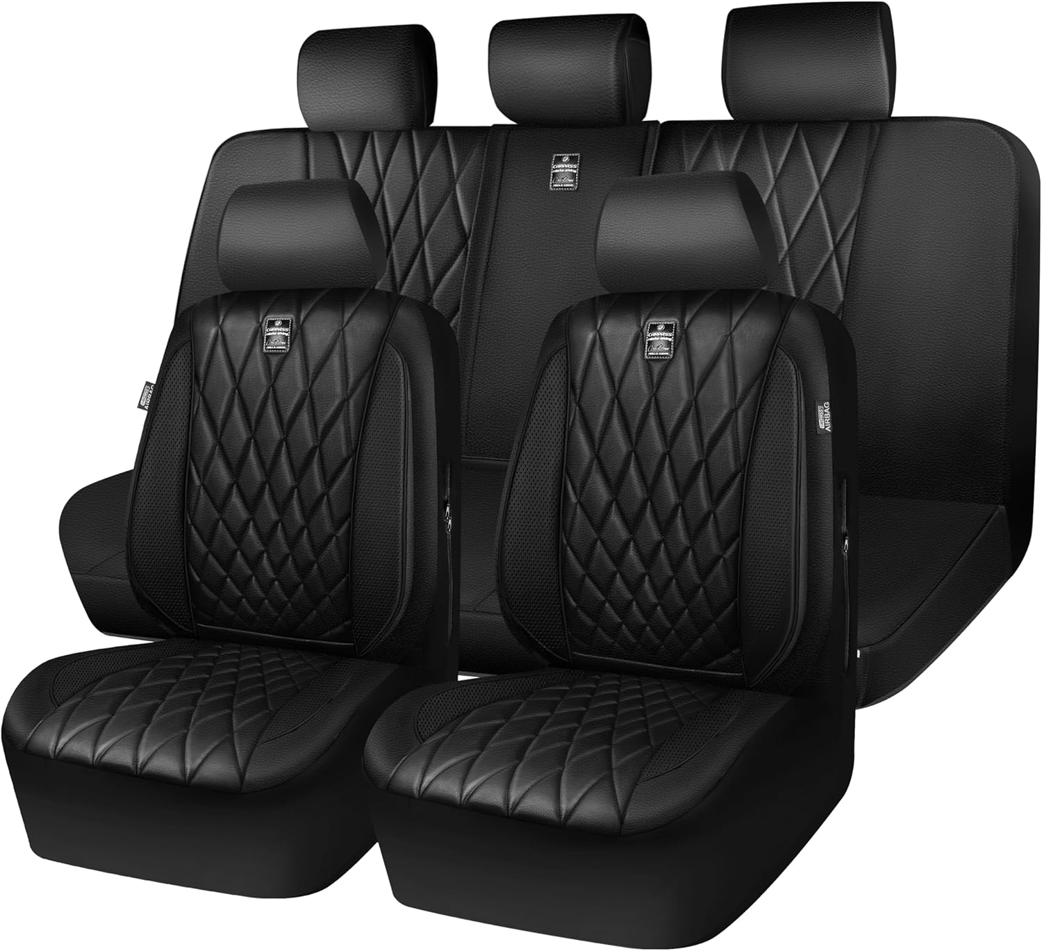CAR PASS 5 Seats Piping Luxury Faux Leather Seat Covers Full Set, Anti-Slip Wate...