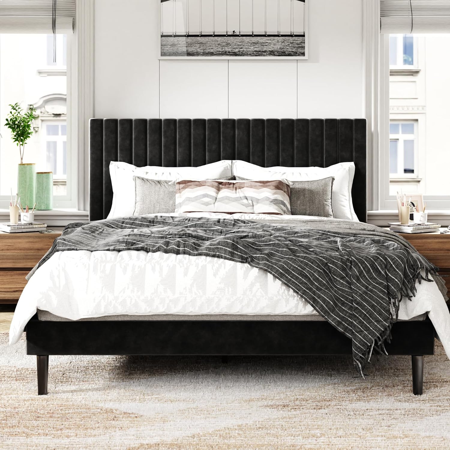 Queen Size Bed Frame with Velvet Upholstered Headboard, Platform Bed with Strong...