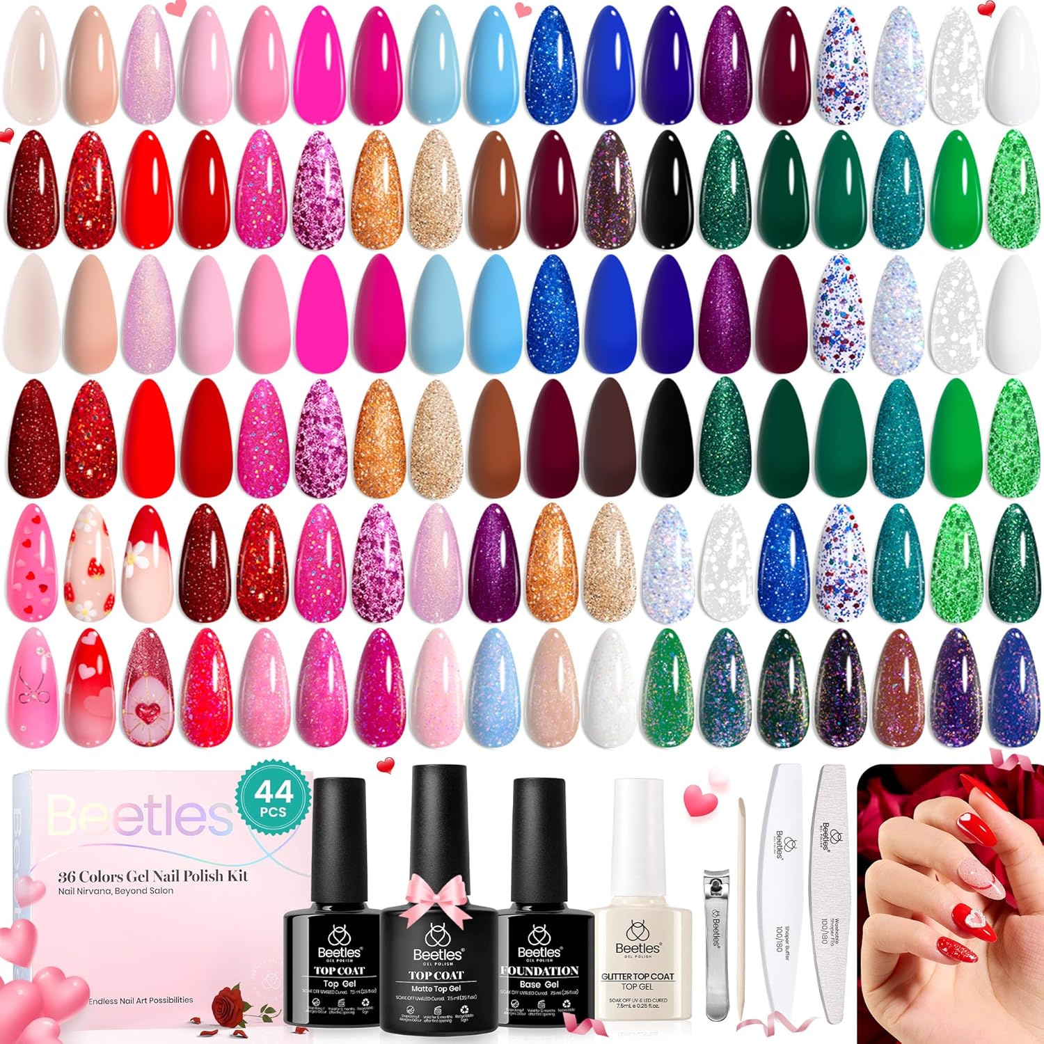 Beetles Glitter Gel Nail Polish Set 44Pcs, Holiday Red Gold Green Silver Burgund...