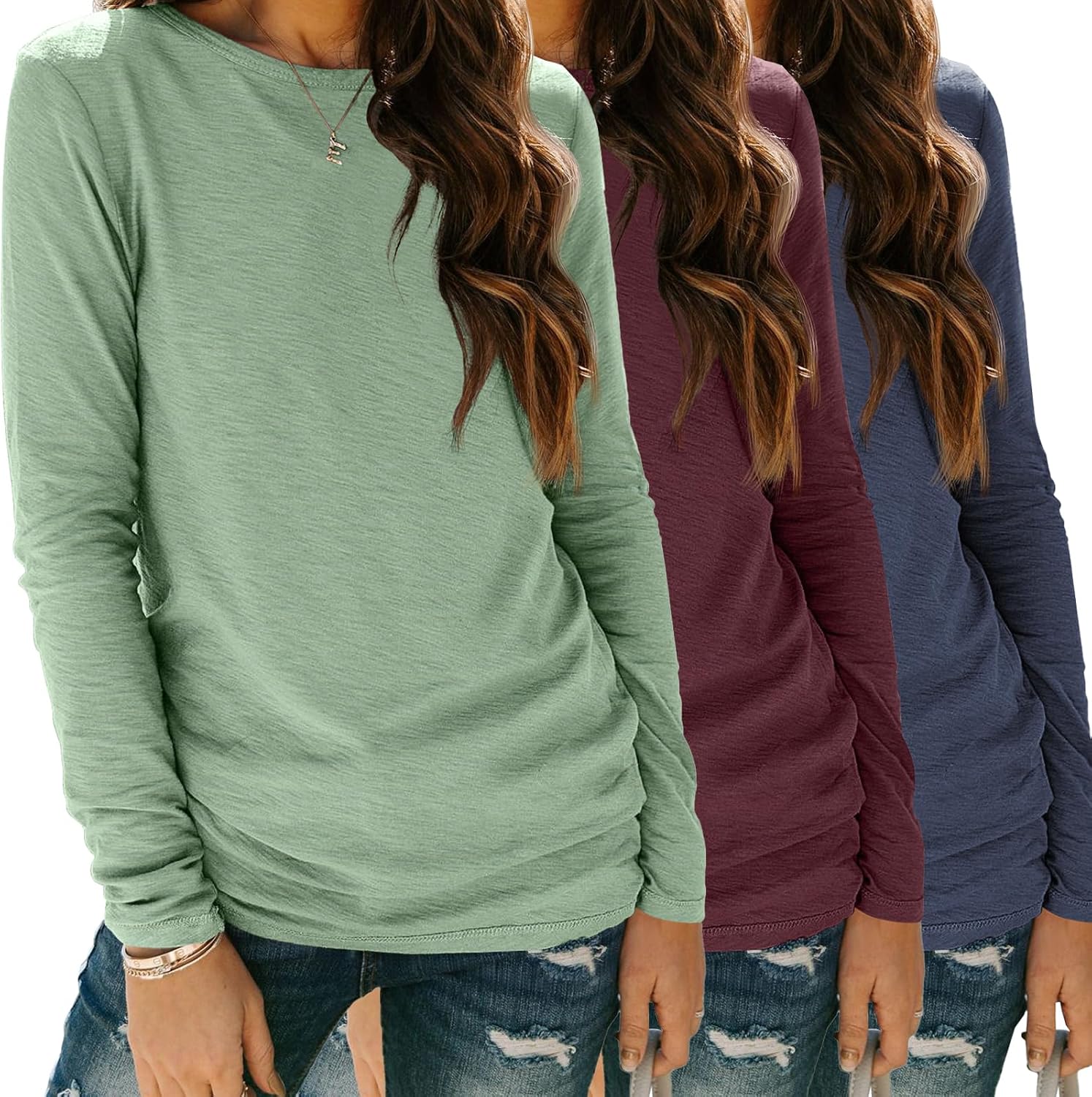SUNBS Womens 3 Packs Long Sleeve Shirts Loose Fit Fall Tops Fashion Clothes Outf...