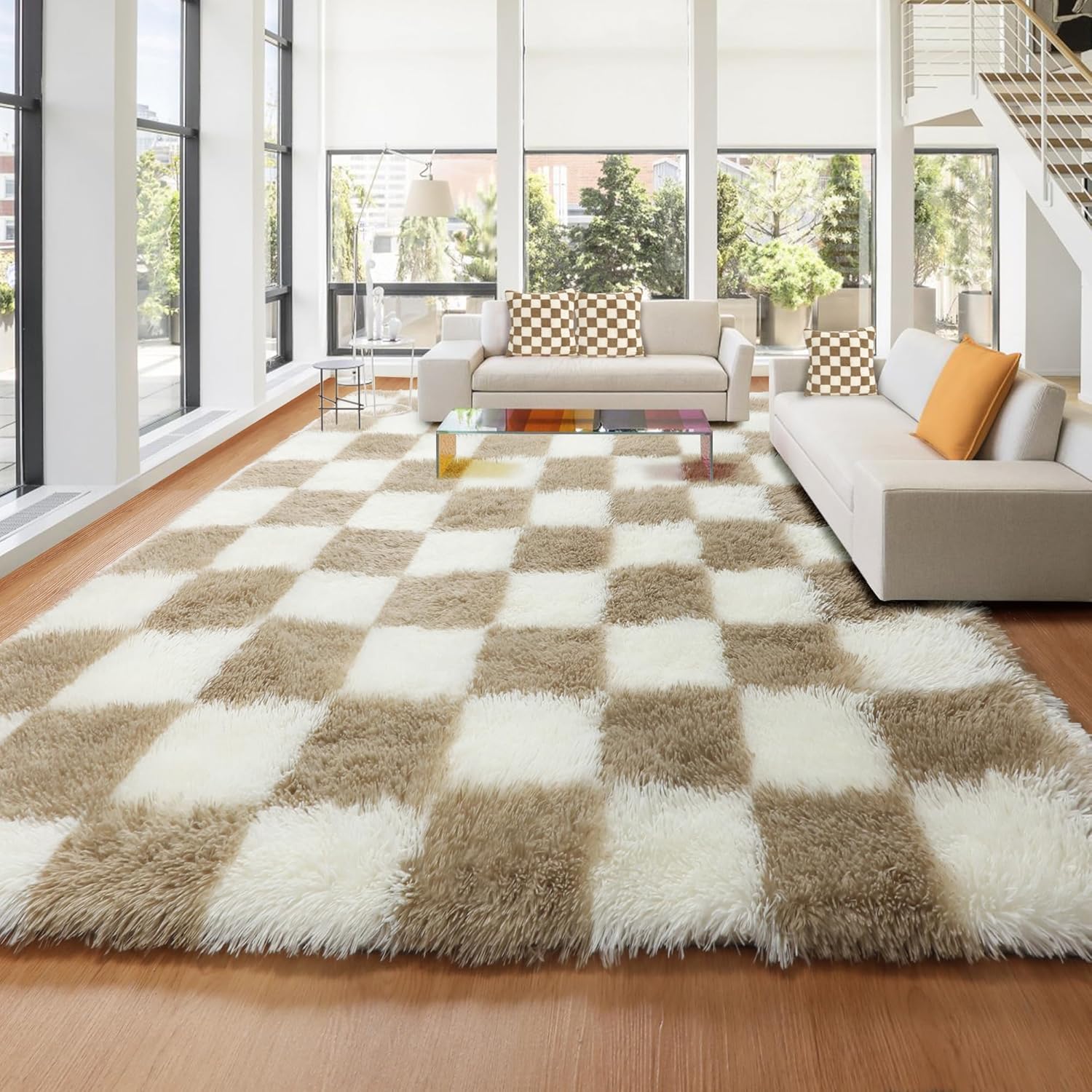 KICMOR Area Rugs 8x10 for Living Room, Large Fluffy Beige and Cream White Checke...