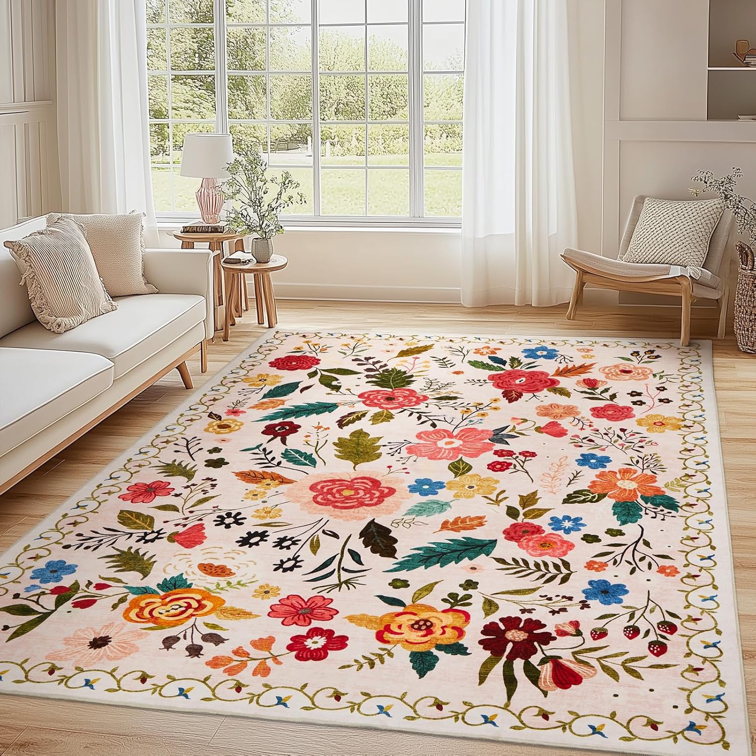Rugs for Living Room, 8X10 Area Rug Boho Floral Vintage Rug for Bedroom Washable...