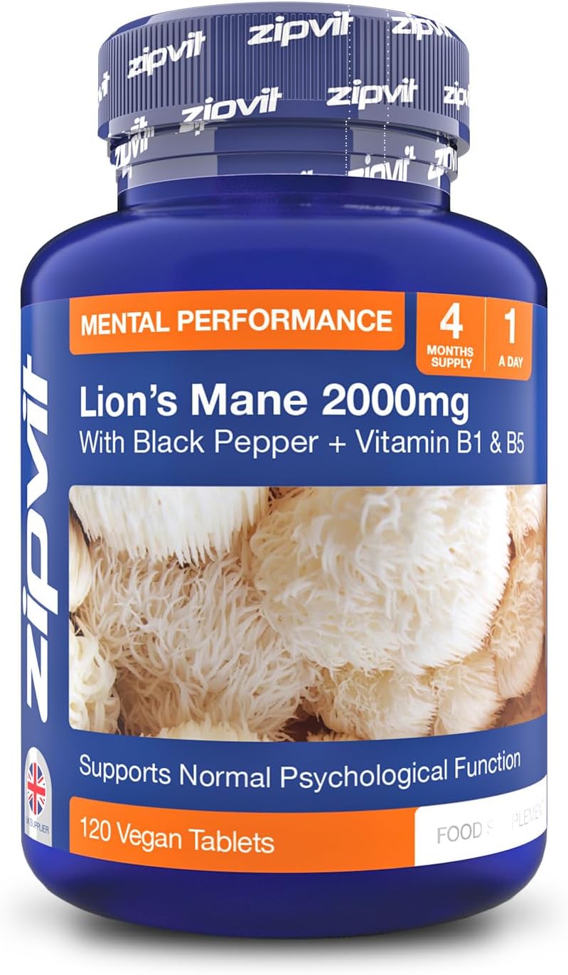 Zipvit Lion's Mane Mushroom Supplement 2000mg with B1, B5 & Black Pepper, 4 Mont...