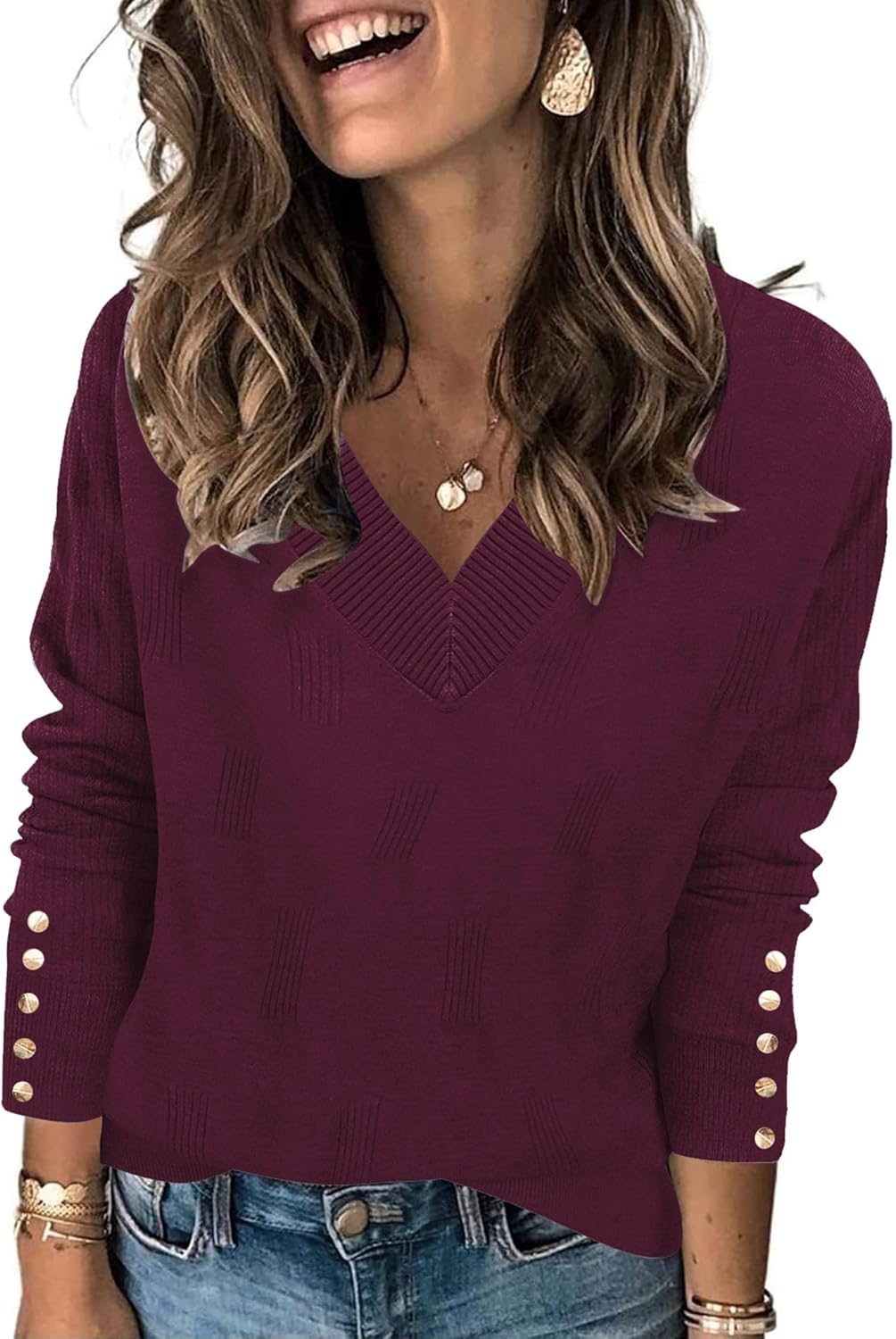 AKEWEI Womens V Neck Sweaters Long Sleeve Lightweight Knit Pullover Tops with De...