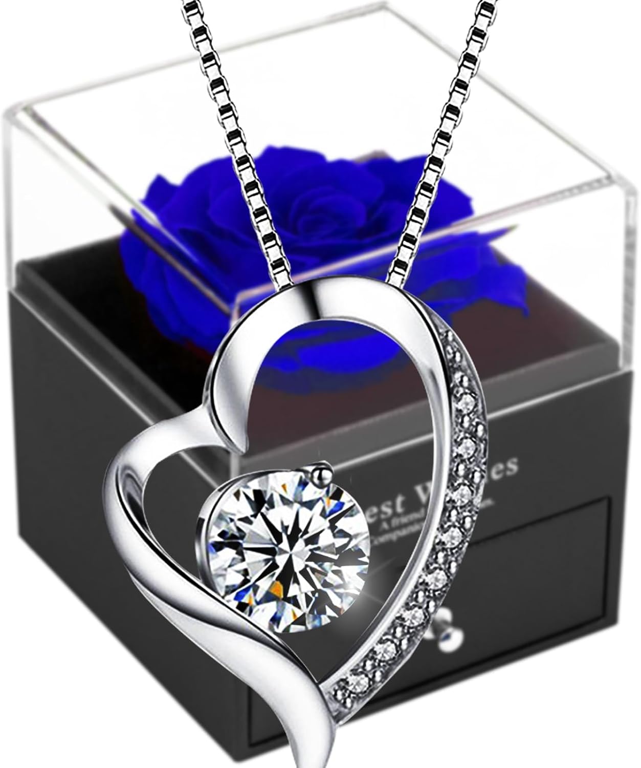 SWEETIME Forever Blue Rose Gift Box with Necklace-Real Eternal Rose with 925 Ste...