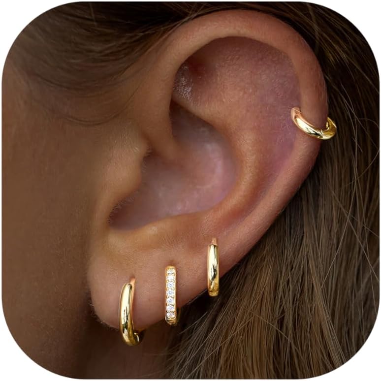 Small Gold Huggie Hoop Earrings Set for Women Men - Hypoallergenic 14K Gold Plat...