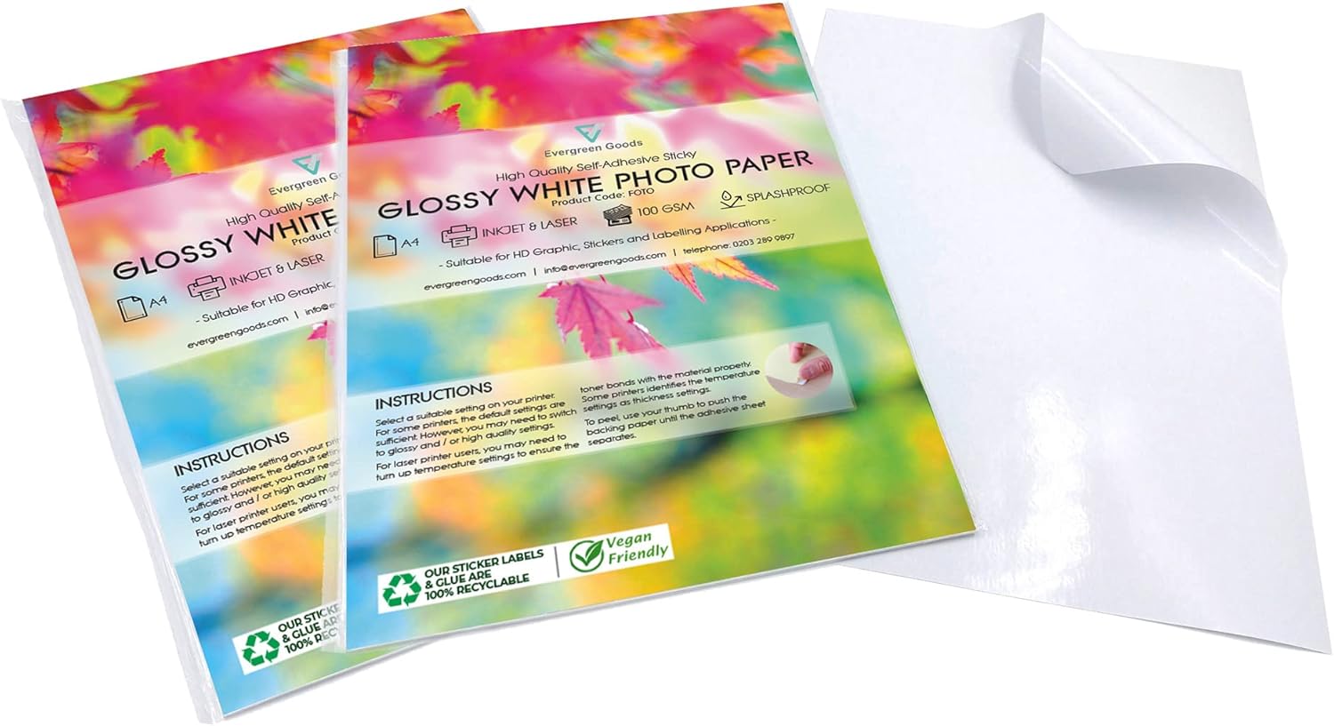 Evergreen Goods 100 A4 Glossy White Photo Sticker Paper Sheets | Printable Self-...