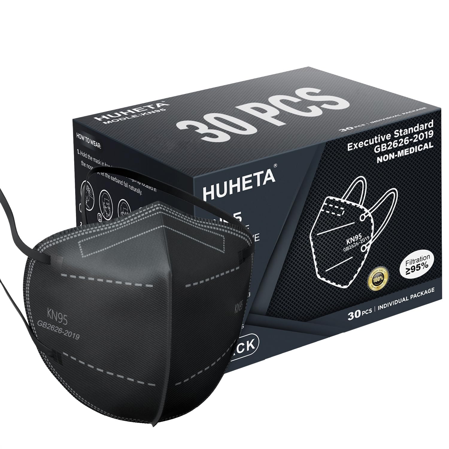 HUHETA KN95 Face Masks, Packs of 30 Individually Wrapped, 5-Ply Breathable and C...