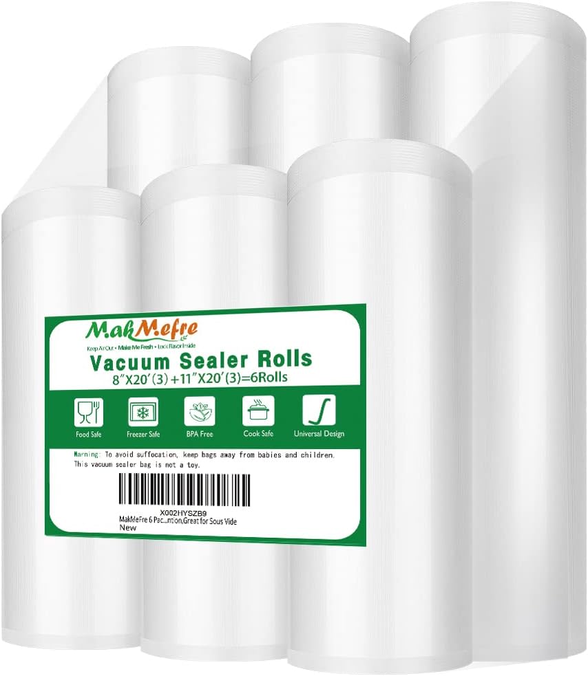 6 Pack 8"x20'(3Rolls) and 11"x20' (3Rolls) Vacuum Sealer Bags Rolls for Food,Com...