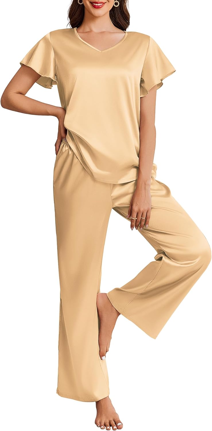 Ekouaer Silk Pajamas Satin 2 Piece Short Sleeve Top and Long Pants Pj Sets Silky...