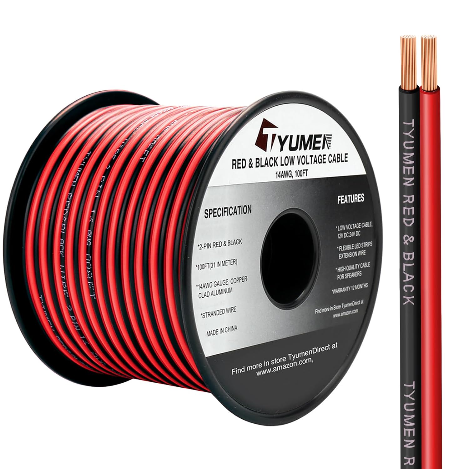 100FT 14/2 Gauge Red Black Cable Hookup Electrical Wire LED Strips Extension Wir...