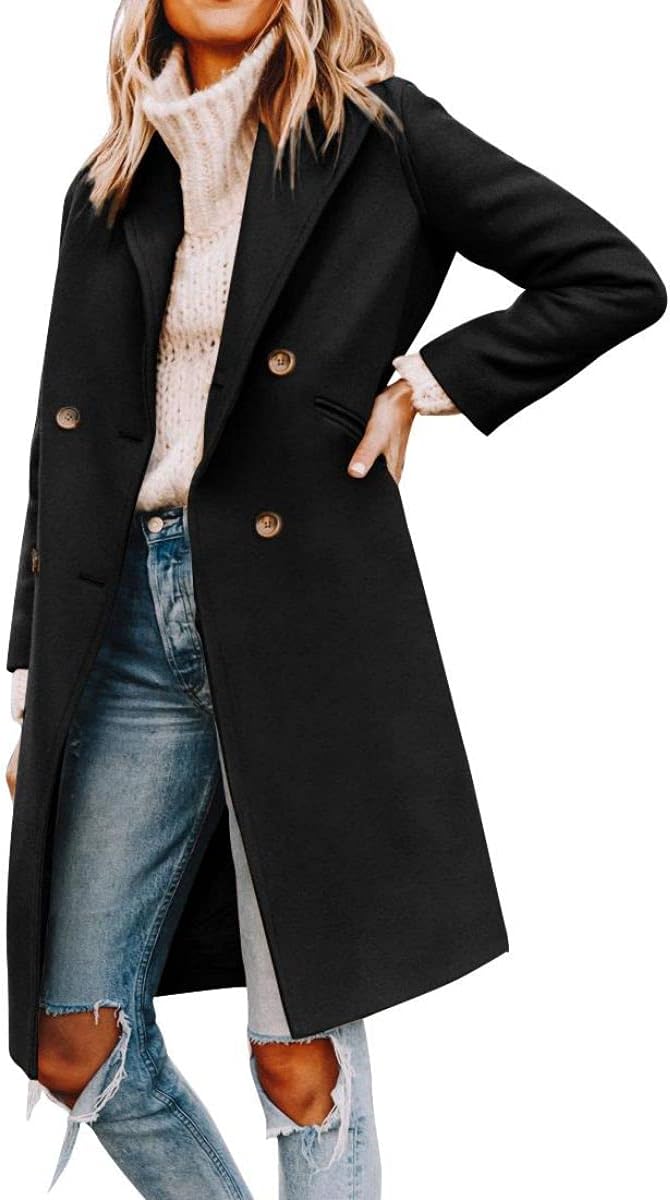 Yousify Womens Notched Lapel Collar Double Breasted Pea Coat Winter Wool Blend O...