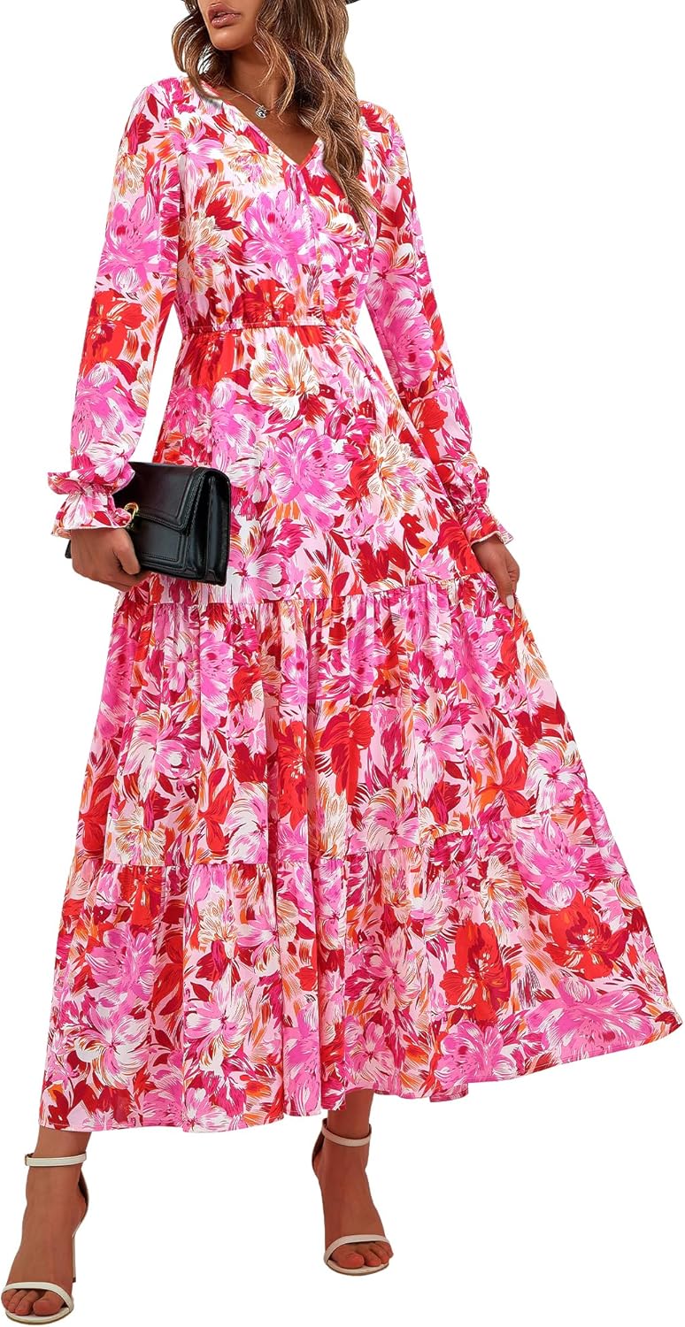 BTFBM Women Spring Dresses 2025 Casual Long Sleeve V Neck Maxi Dresses Floral Bo...