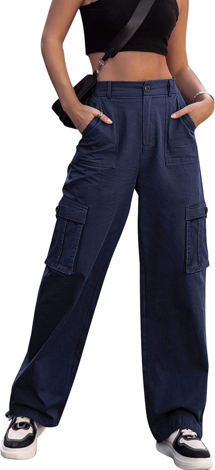 ZMPSIISA Women High Waisted Cargo Pants Wide Leg Casual Pants 6 Pockets Combat M...