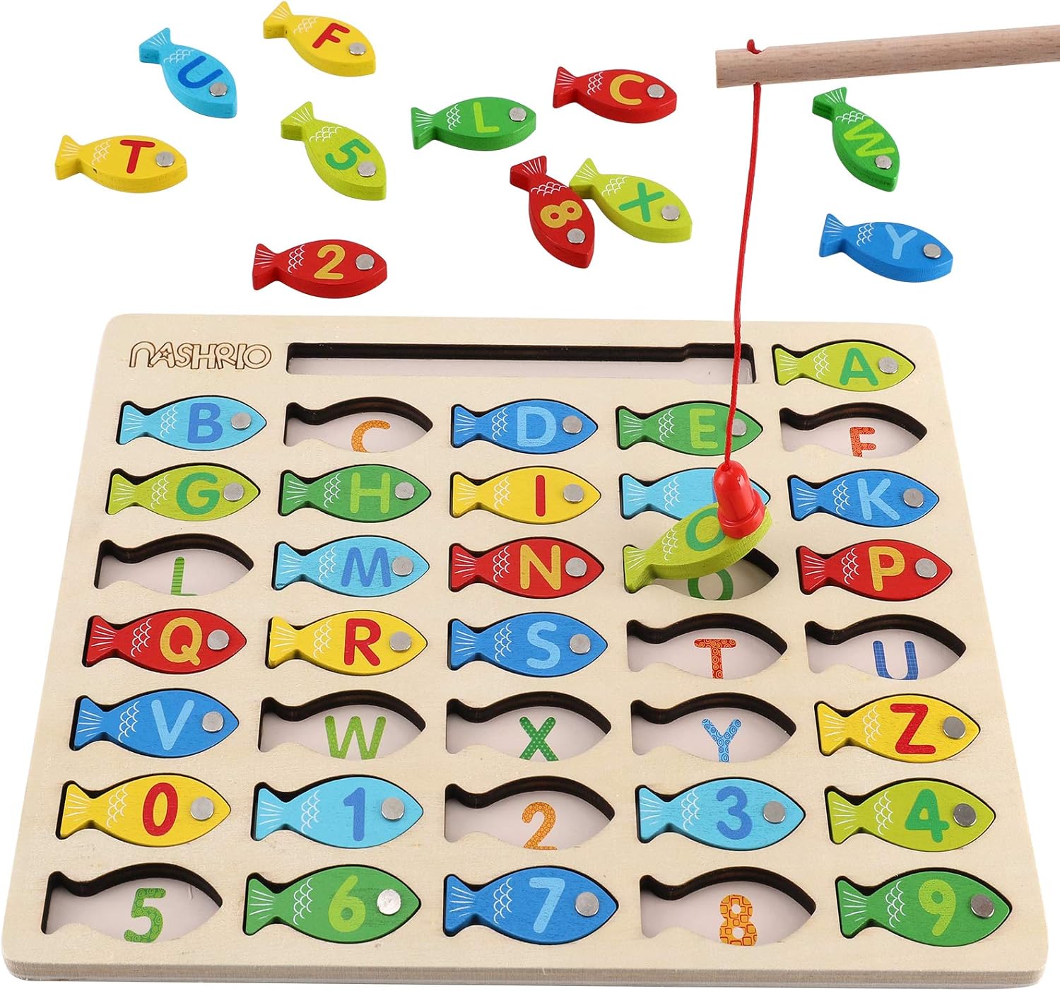 Magnetic Wooden Fishing Game Toy for Toddlers, Alphabet Fish Catching Counting G...