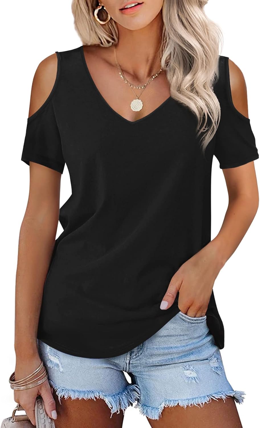 Amoretu Womens Short Sleeve Cold Shoulder Basic Tee Tops Shirts Large Black