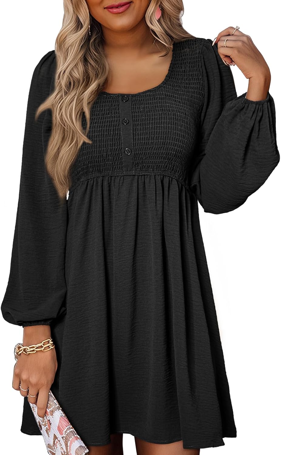 Dokotoo Womens 2024 Casual Dress Smocked Crewneck Button Up Long Sleeve Empire W...