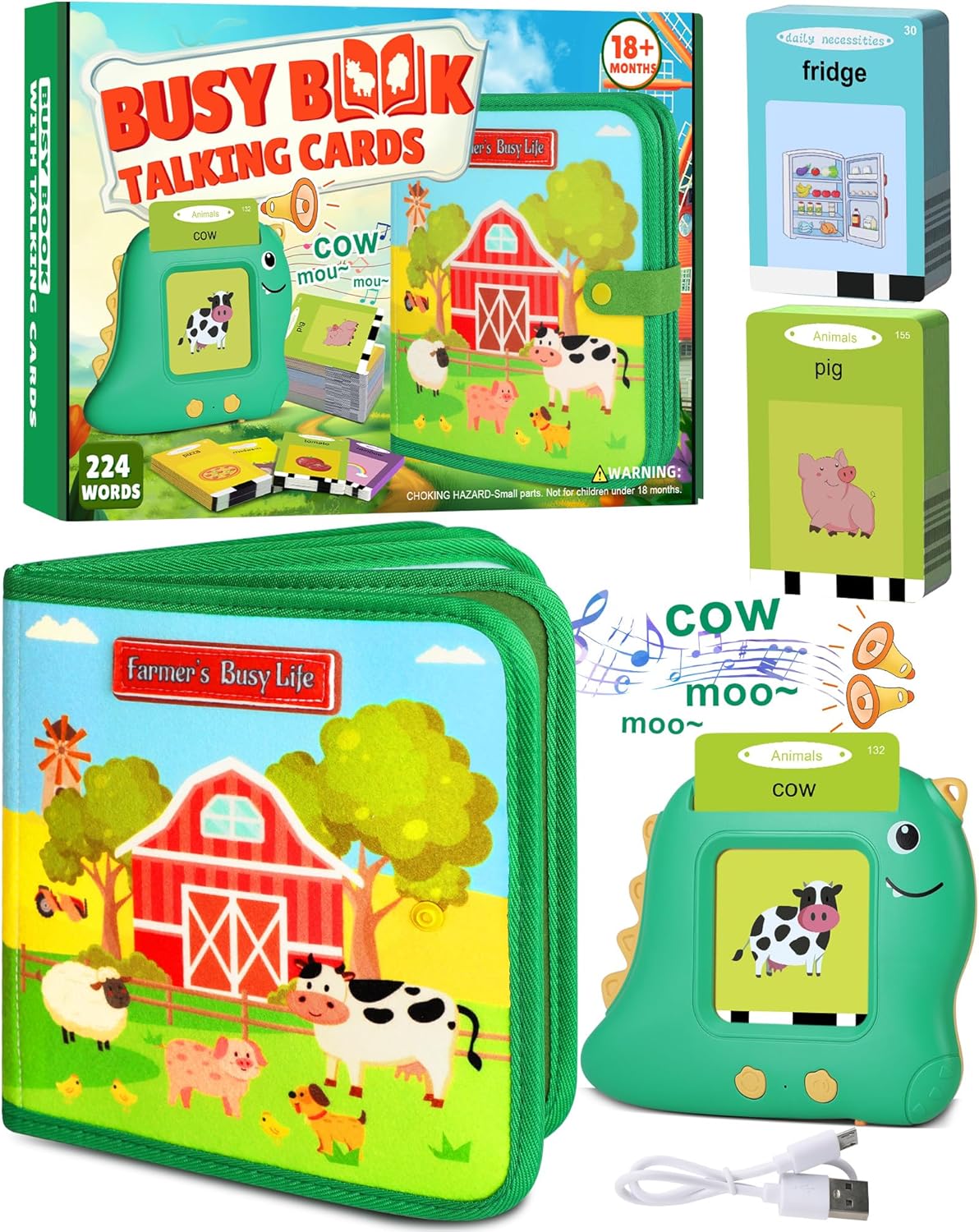Farm Busy Book with Talking Flash Cards for Toddlers 1-3 - Busy Board Montessori...