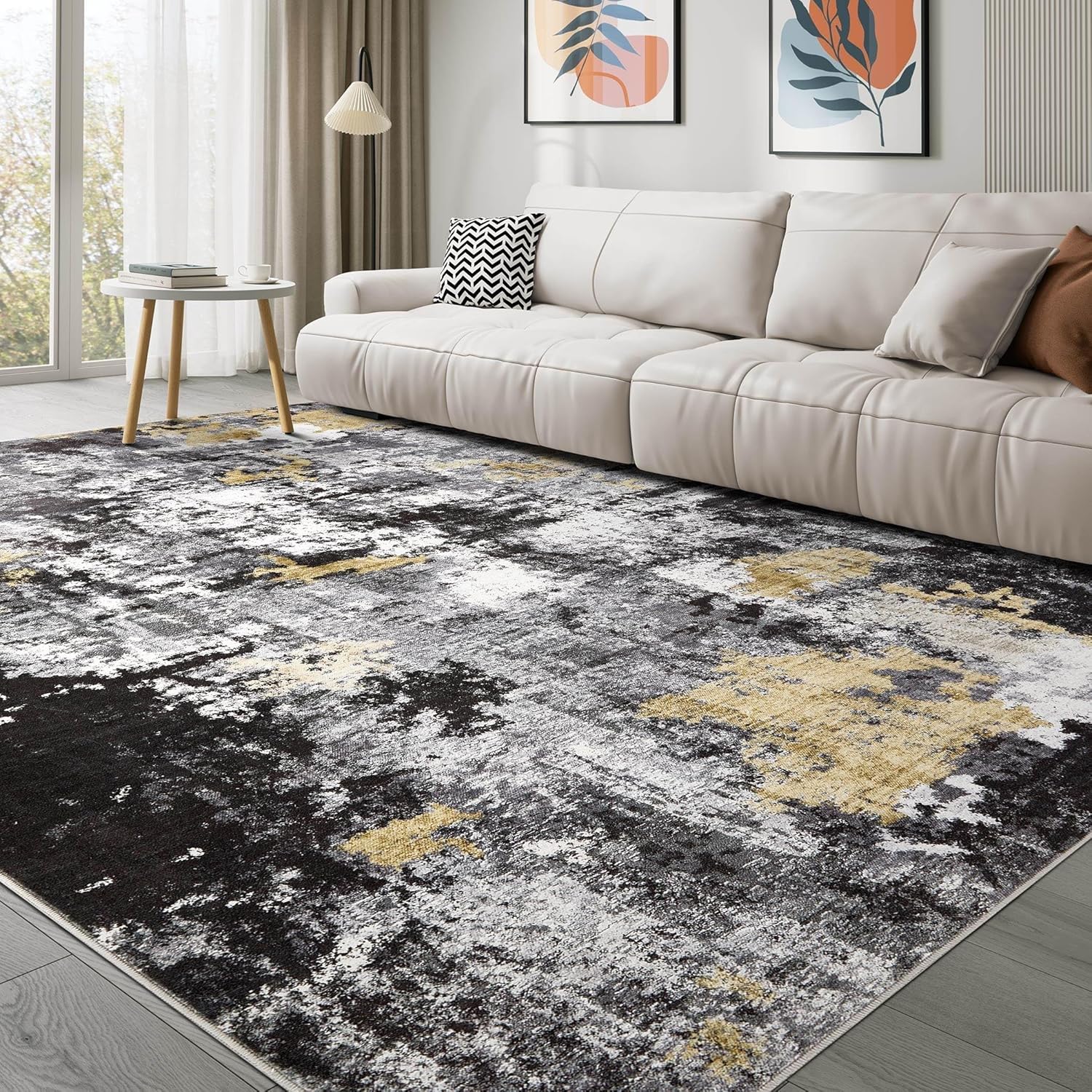 Washable Rug 8x10 Area Rugs: Modern Abstract Neutral Soft Large Rug for Living R...
