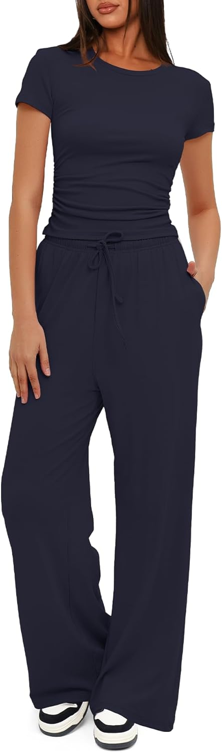 Darong Women's 2 Piece Outfits Lounge Sets Ruched Short Sleeve Tops High Waisted...