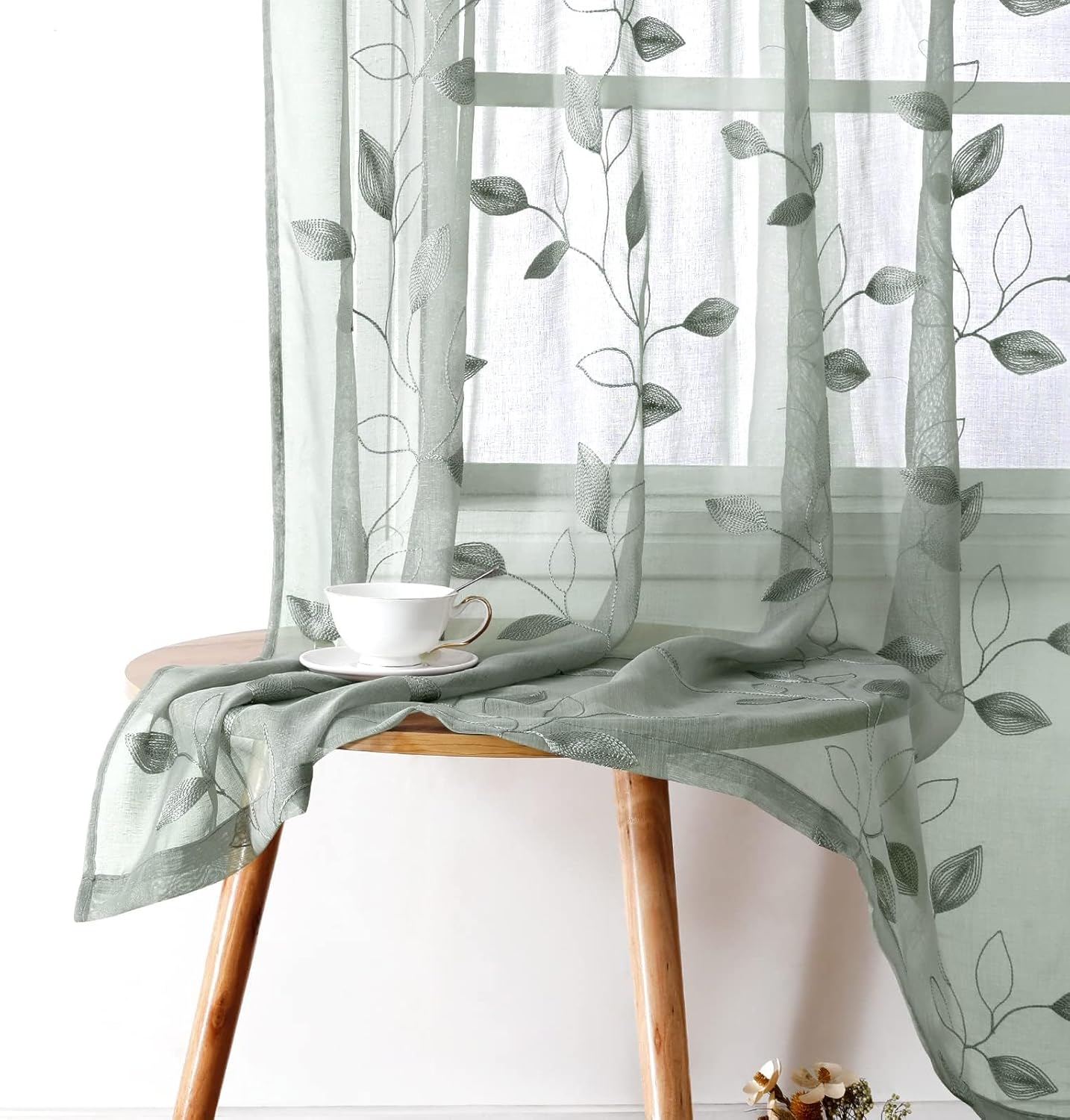 HOMEIDEAS Sage Green Sheer Curtains 52 X 63 Inches Length 2 Panels Embroidered L...