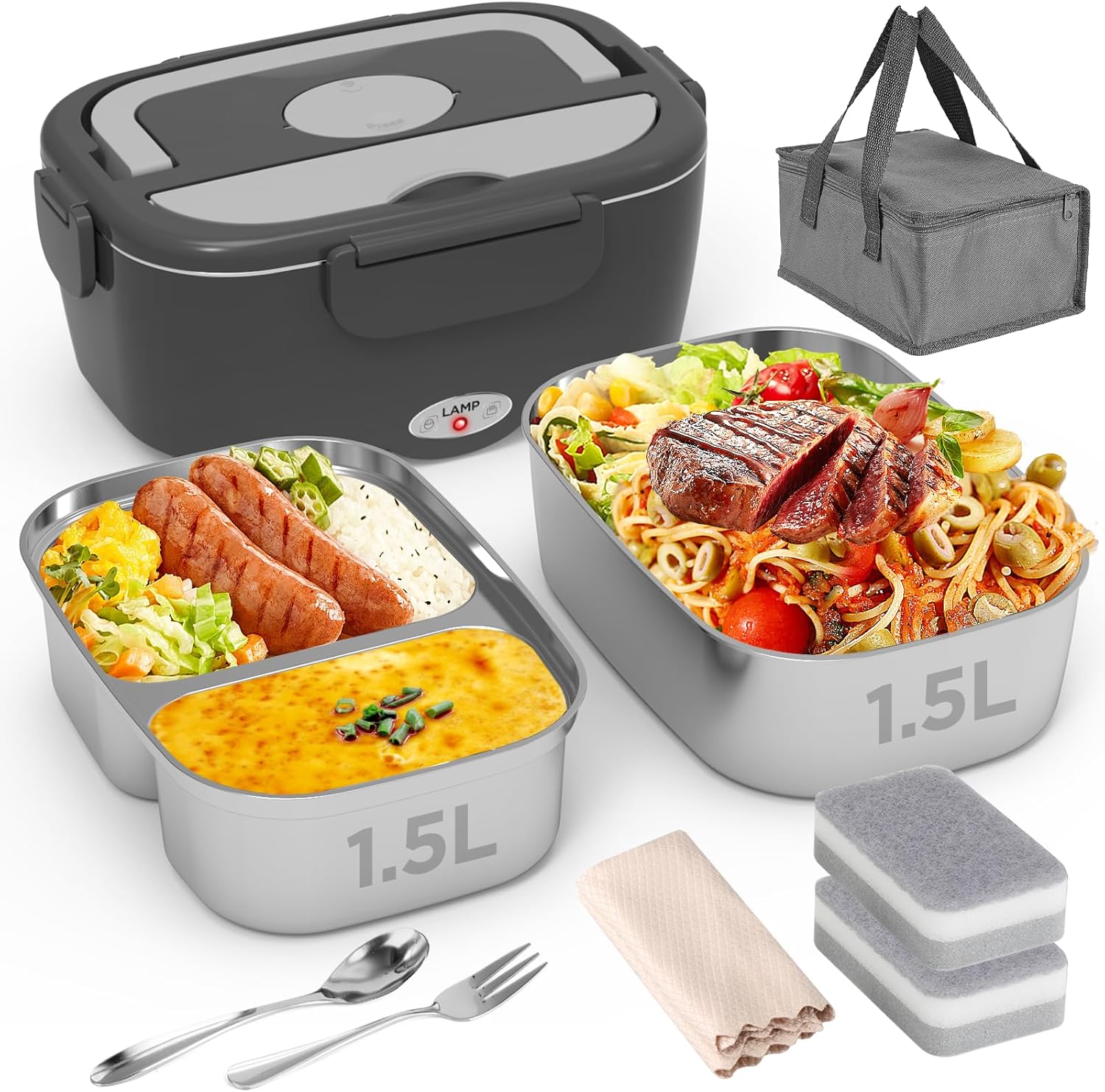 Electric Lunch Box Food Heater - 80W Fast Heating Lunch Box (12V/24V/110V) - Dua...
