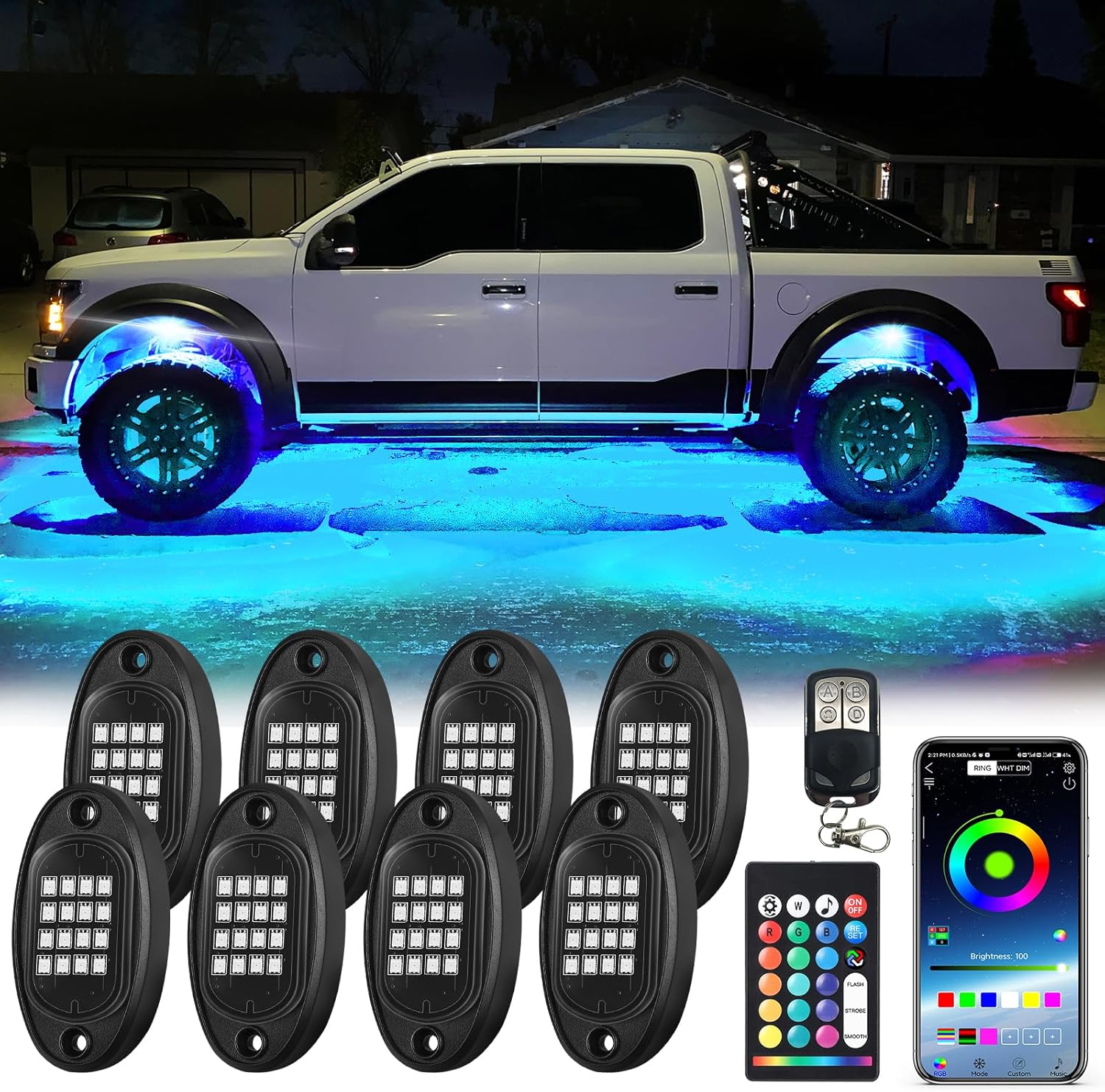 8Pods RGB LED Rock Lights Kit with APP/RF Remote Control, Upgraded Underglow Lig...