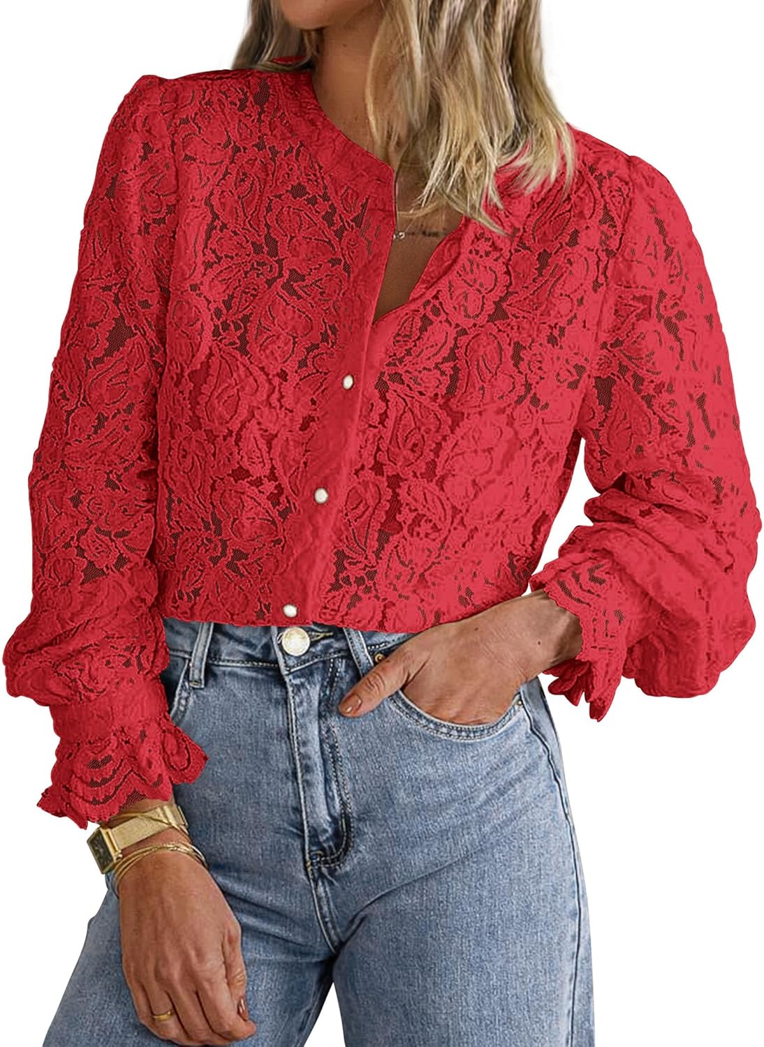 PRETTYGARDEN Women's Dressy Casual Lace Blouse Long Sleeve Button Up Shirts Tops...