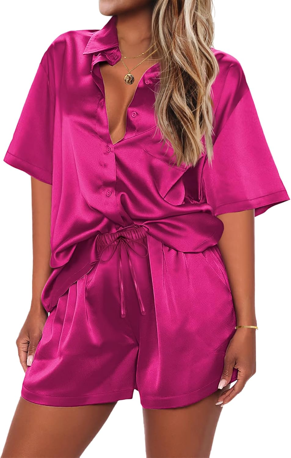 Ekouaer Pajamas for Women Silk Soft Sleepwear Short Sleeve Button Down Pjs Satin...