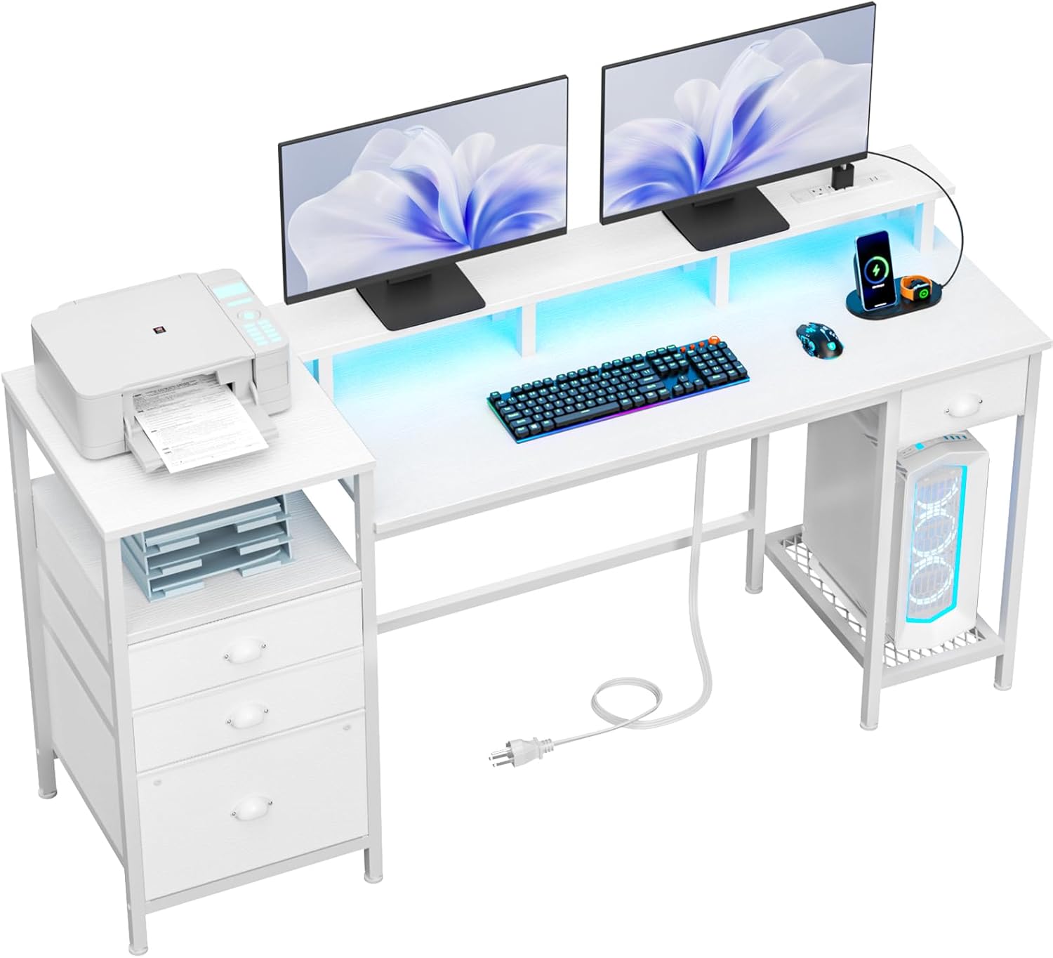 Furologee White Computer Desk with 4 Drawers, 60" Long Office Desk with Fabric F...