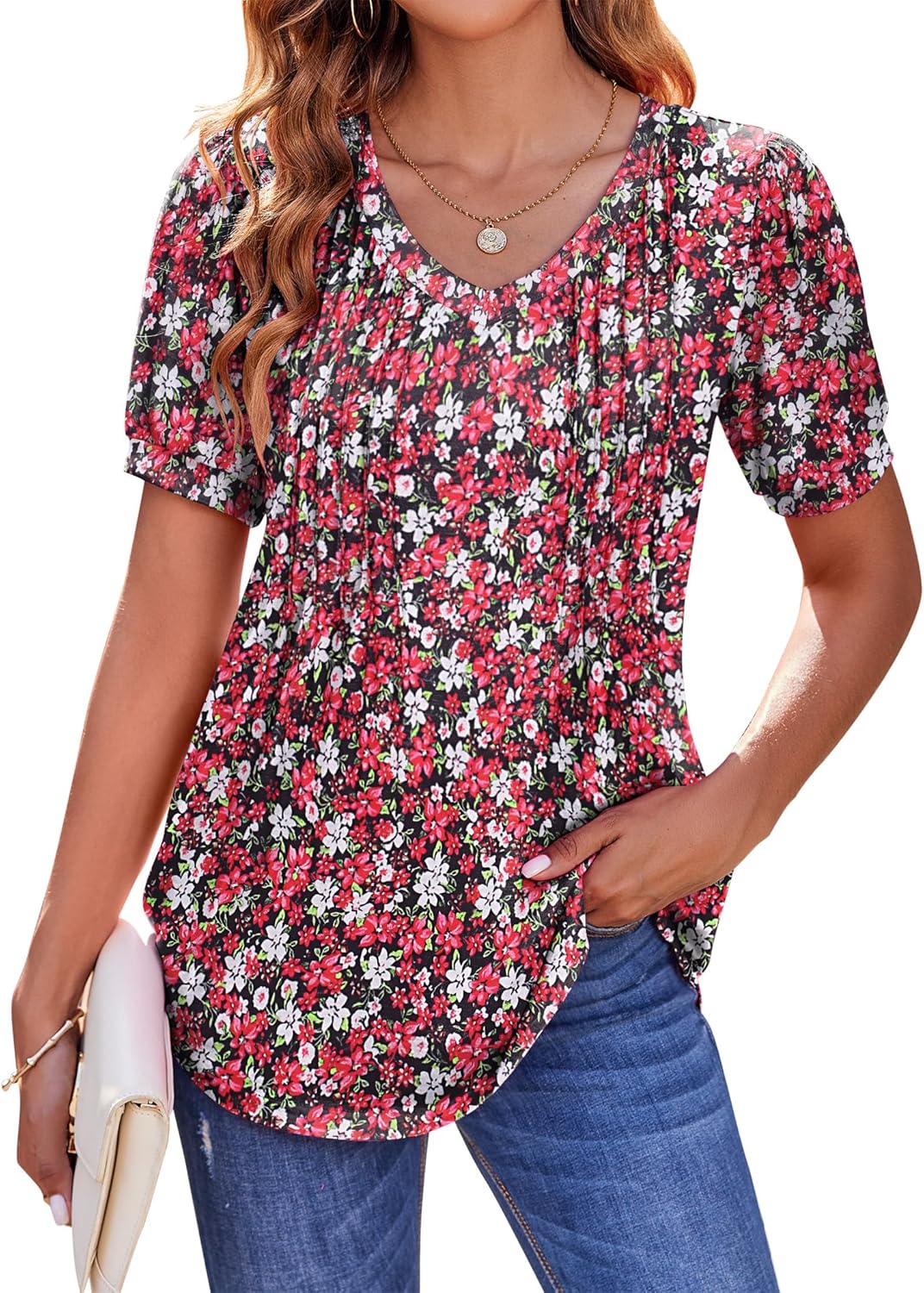 Zeagoo Women's Puff Short Sleeve Boho Shirts Casual V Neck Floral Solid Summer B...