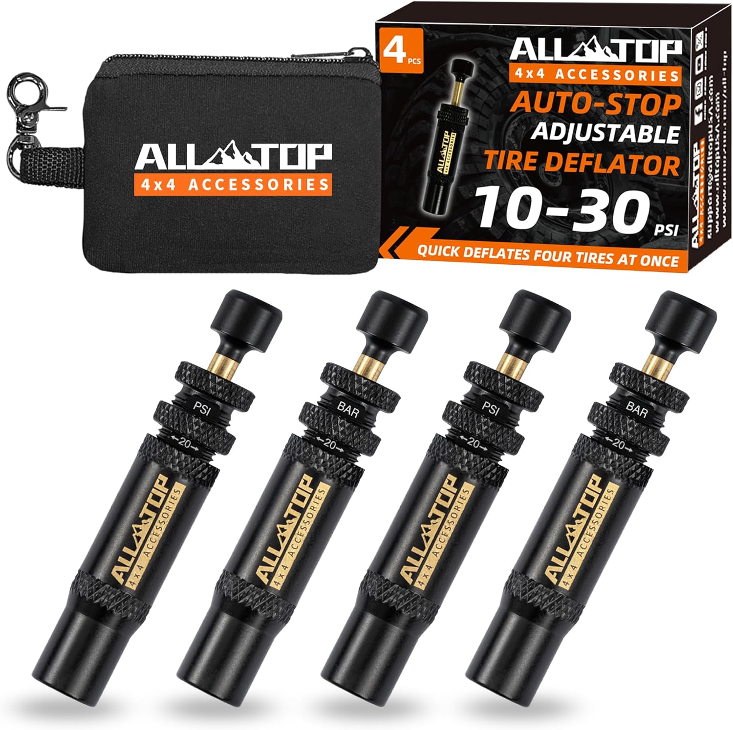 ALL-TOP Adjustable Auto-Stop Tire Deflator Valve Kit (10-30 PSI) 4 PCS Screw-on...