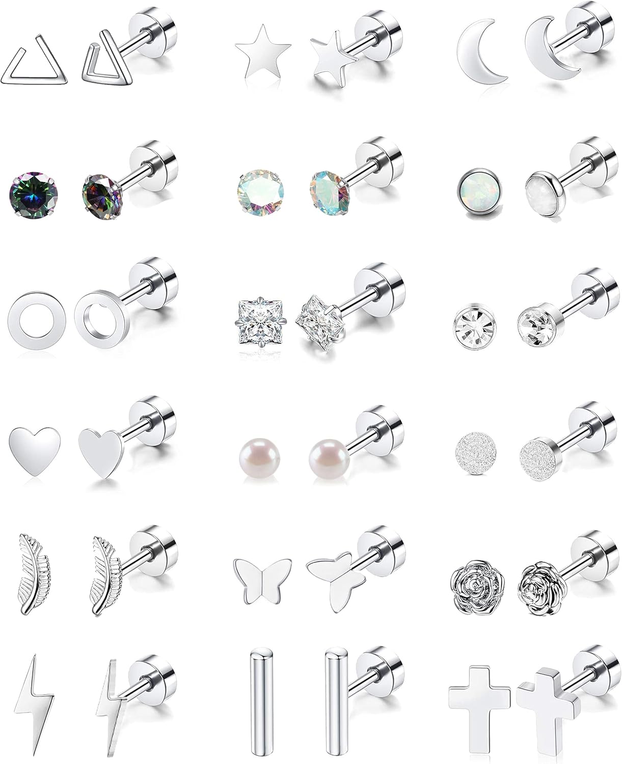 18 Pairs Stainless Steel Stud Earrings Set for Women Men Star Moon flower Heart...