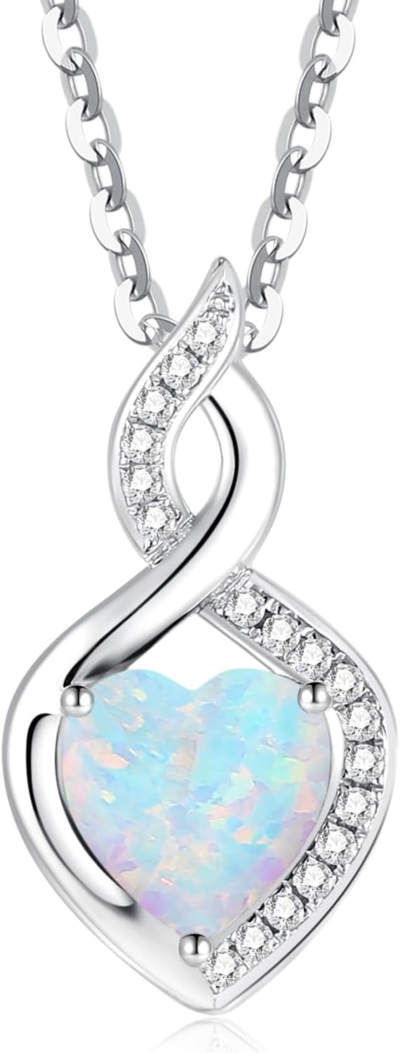 FANCIME 14K Solid White Gold Heart Birthstone Necklace with Diamond Pendent Birt...
