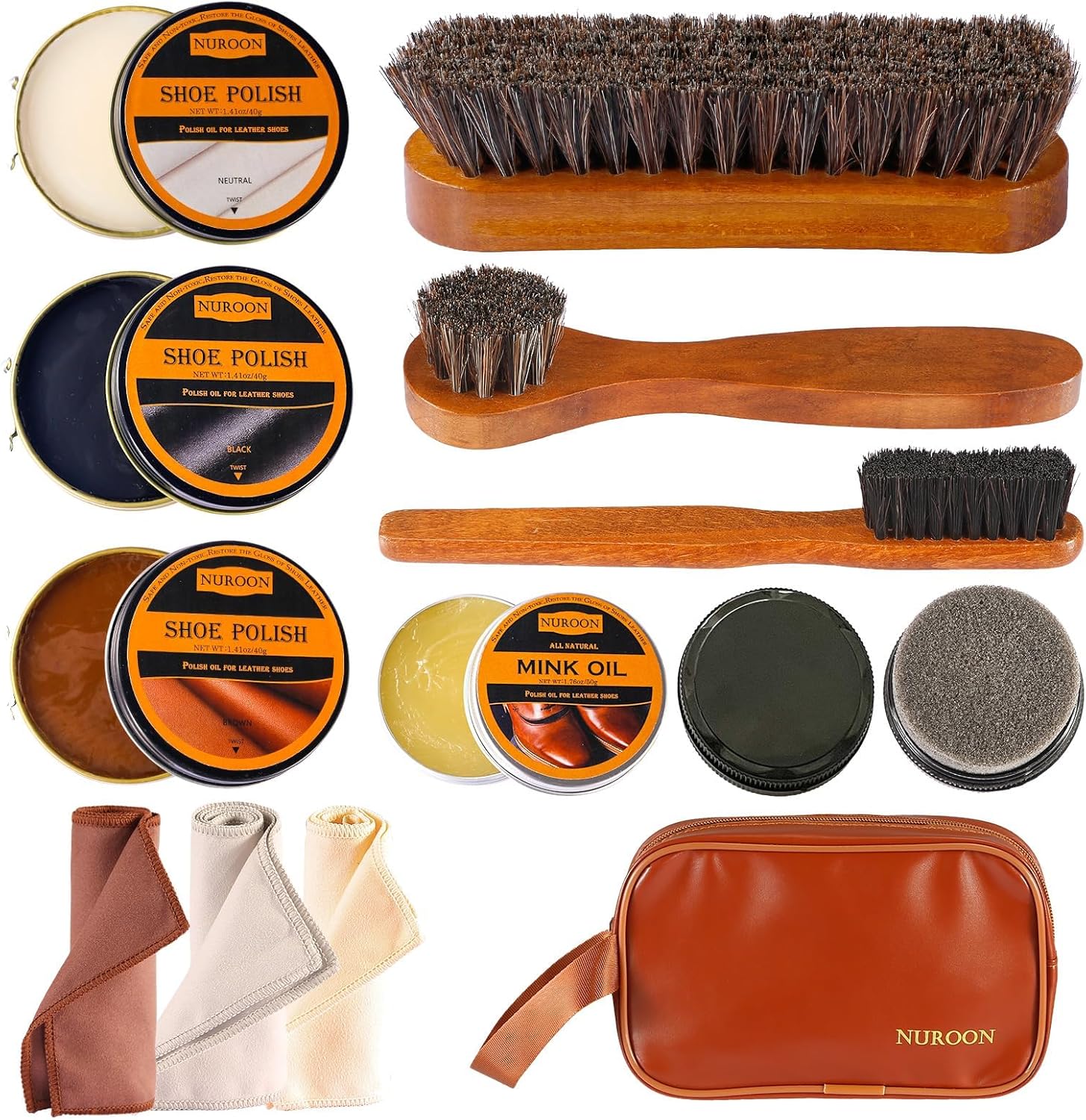 13Pcs Shoe Polish Kit for Men & Women,3 Horsehair Shoe Brush,Black Brown Neutral...