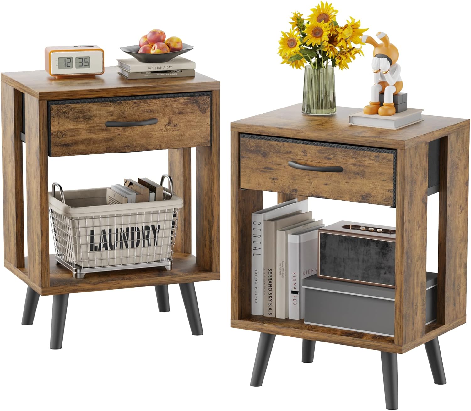 Nightstand Set of 2 with Fabric Drawers and Open Shelves - Rustic Bedroom Side T...