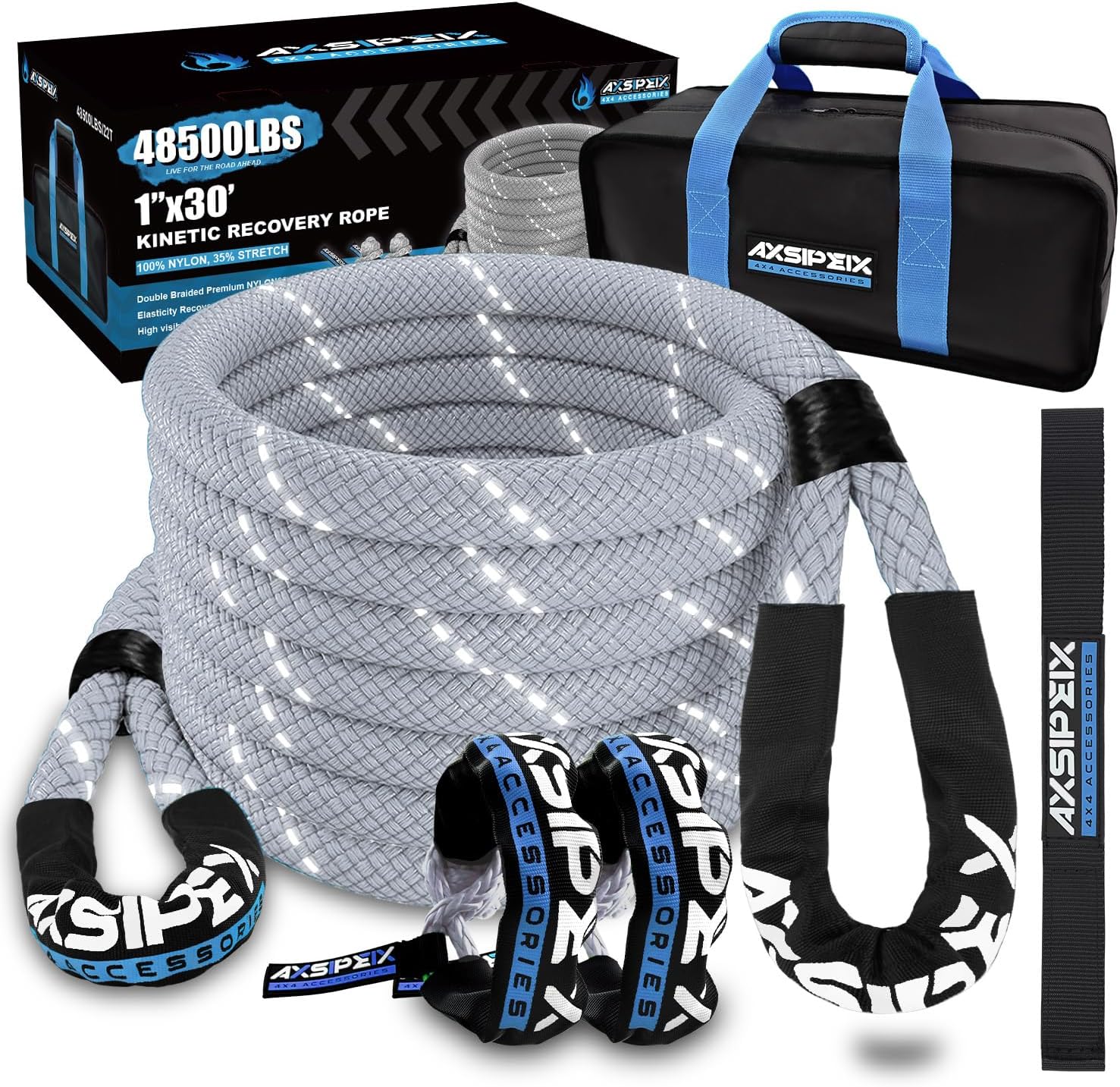 1"×30ft Kinetic Recovery Rope (48,500lbs) Heavy Duty Offroad Recovery Rope with...