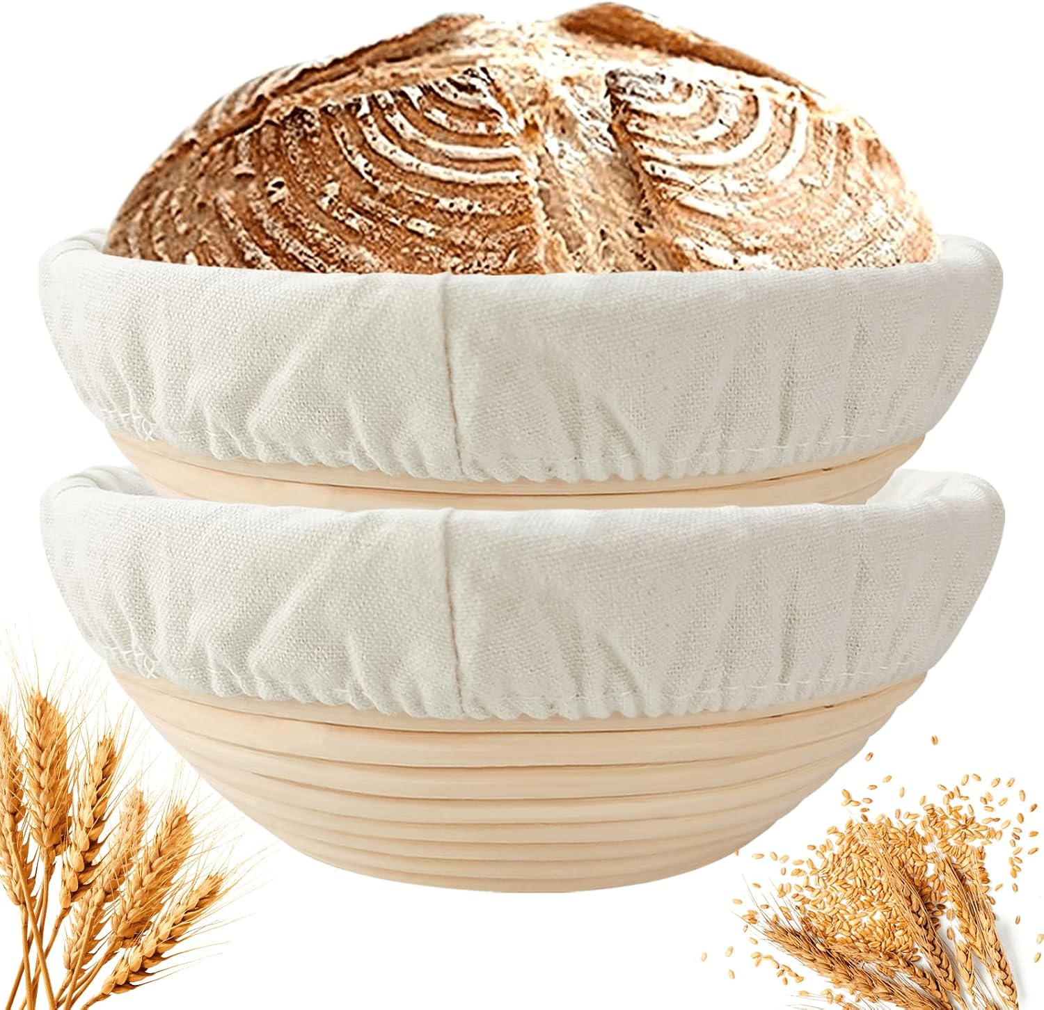 Banneton Bread Proofing Basket Set of 2: 9 Inch Round Sourdough Proofing Bowls f...