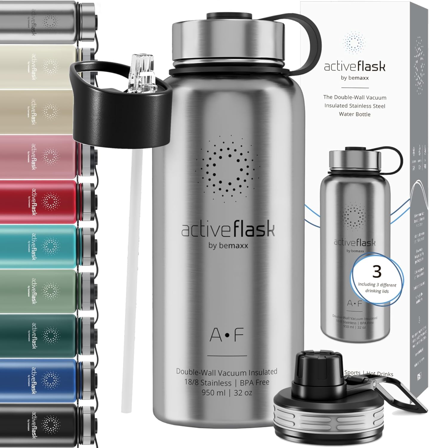 Stainless Steel Water Bottle with Straw & 3 Lids: 1 & 0,5L Leak-Proof BPA-Free V...
