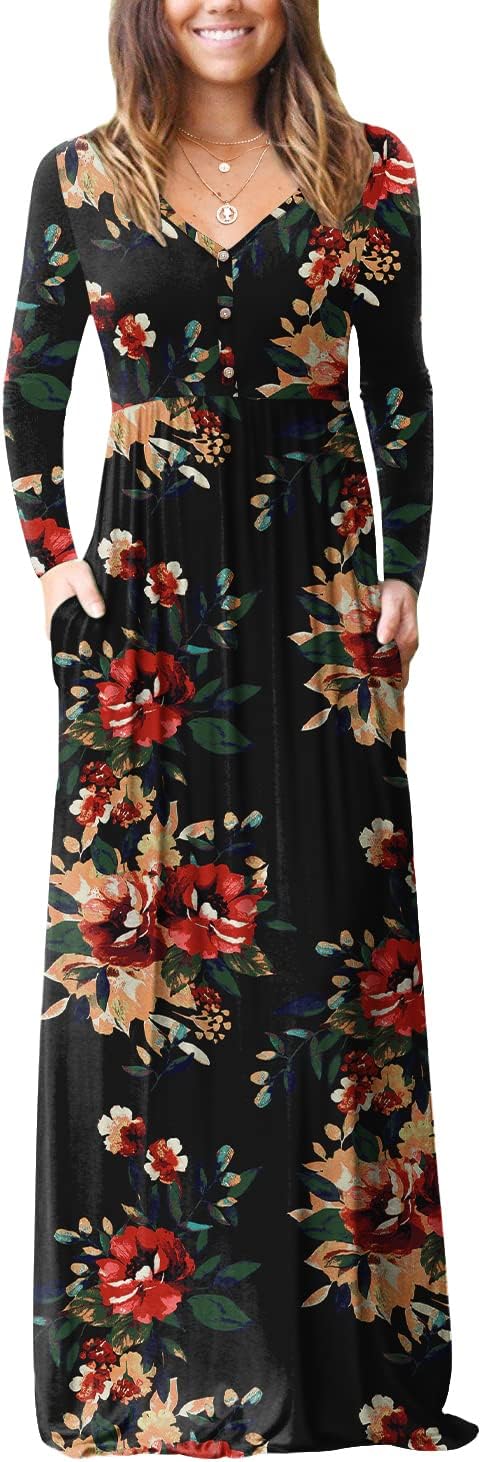 GRECERELLE Womens Maxi Dress 2024 Long Sleeve V Neck Casual Button Boho Tshirt L...