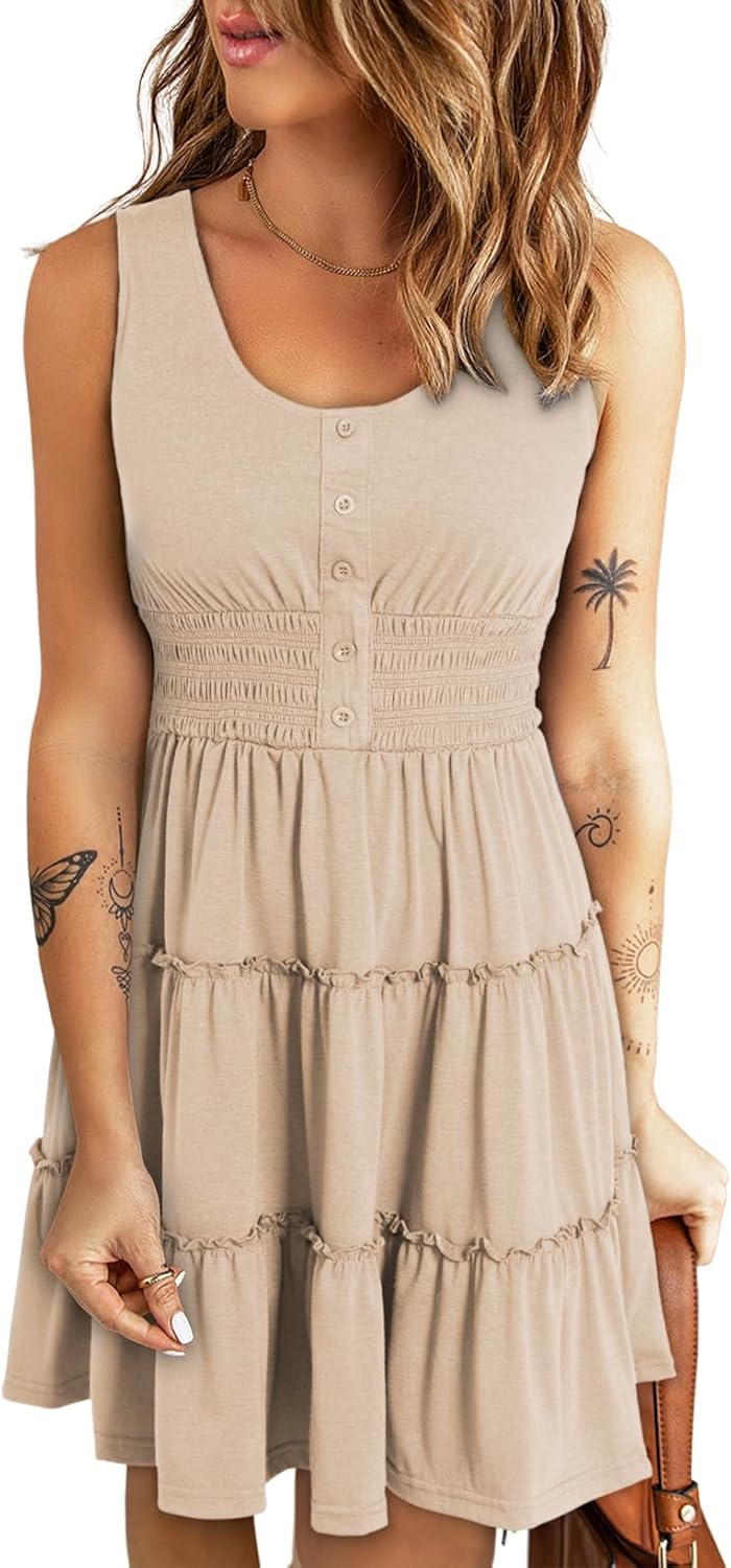 Dokotoo Womens Summer Dresses 2025 Sleeveless Button Down Smocked Empire Waist R...